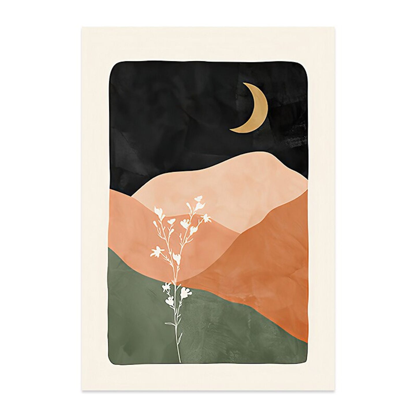 Faszinierender Deko Print mit Landschaftsmotiv und Mond, ideal für ein gemütliches Ambiente, von justgoodmood, Poster Berge am Mondschein und Pflanze bei Regenbogen.