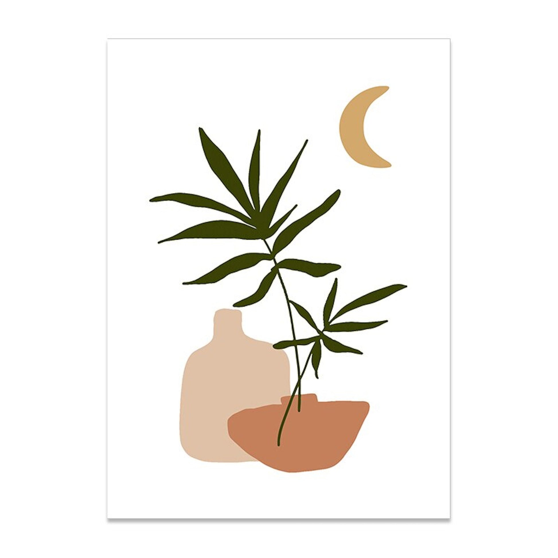 Verspieltes Dekoposter von Justgoodmood mit einem modernen Pflanzendesign, das eine stilvolle Vase mit einem grünen Blatt zeigt, ideal für die Wanddekoration. Poster Zirtronen Garten und Schmetterling als Deko Print ohne Rahmen.