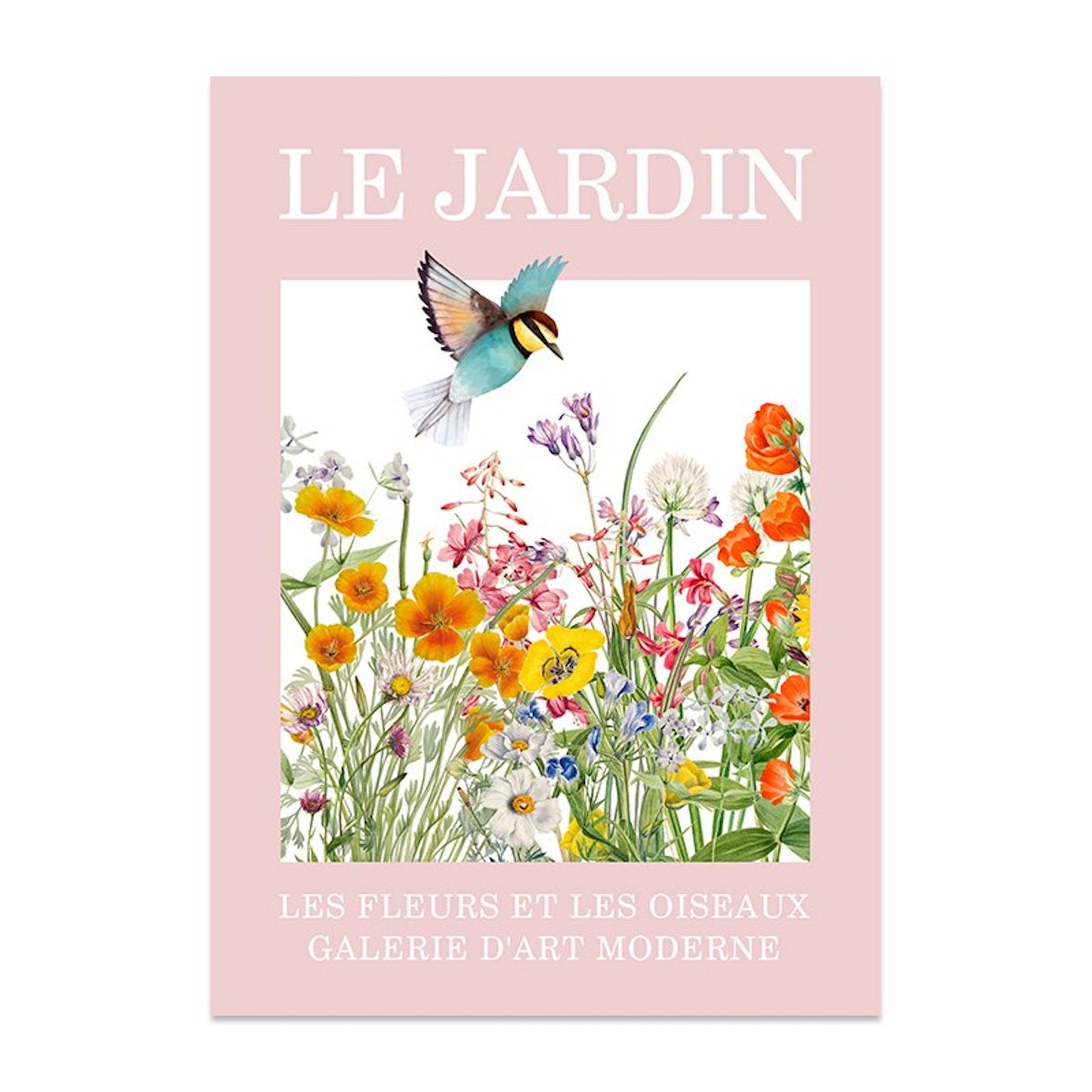 Fröhliches Kunstplakat mit bunten Blumen und einem Vogel, inspiriert vom Titel "Zirtronen Garten und Schmetterling", von justgoodmood.