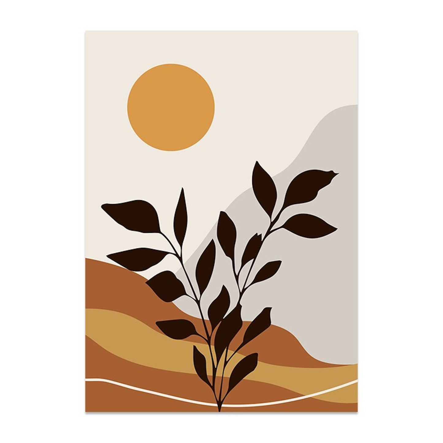Helles Boho-Poster in Ockar und Beige von justgoodmood. Darstellung einer Sonnenlandschaft mit botanischen Elementen, ideal für fröhliche Wohnräume.