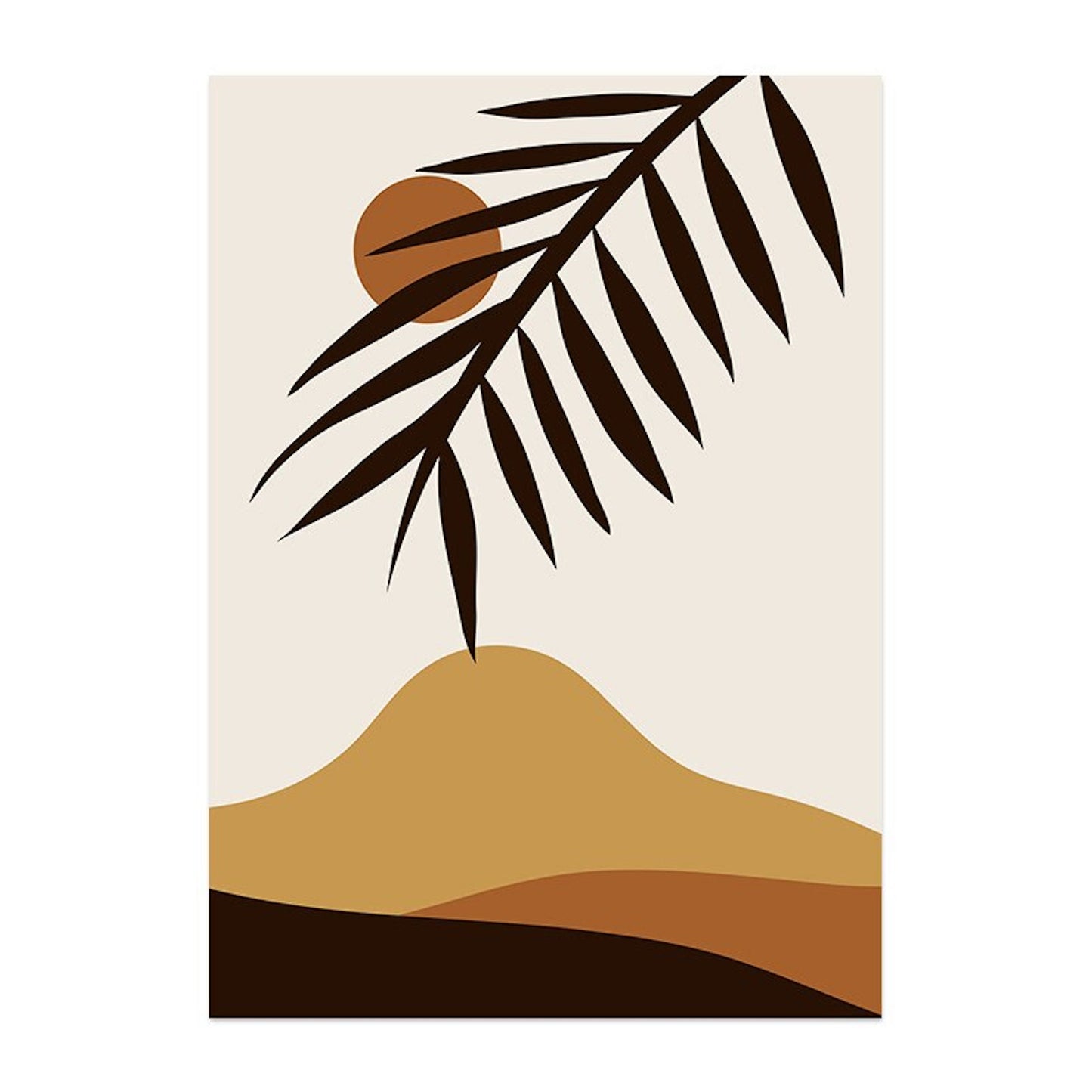 Einladung zur Natur mit diesem Boho-Poster in Ockar- und Brauntönen von justgoodmood. Schöne Darstellung einer Hügel-Landschaft mit botanischen Akzenten.