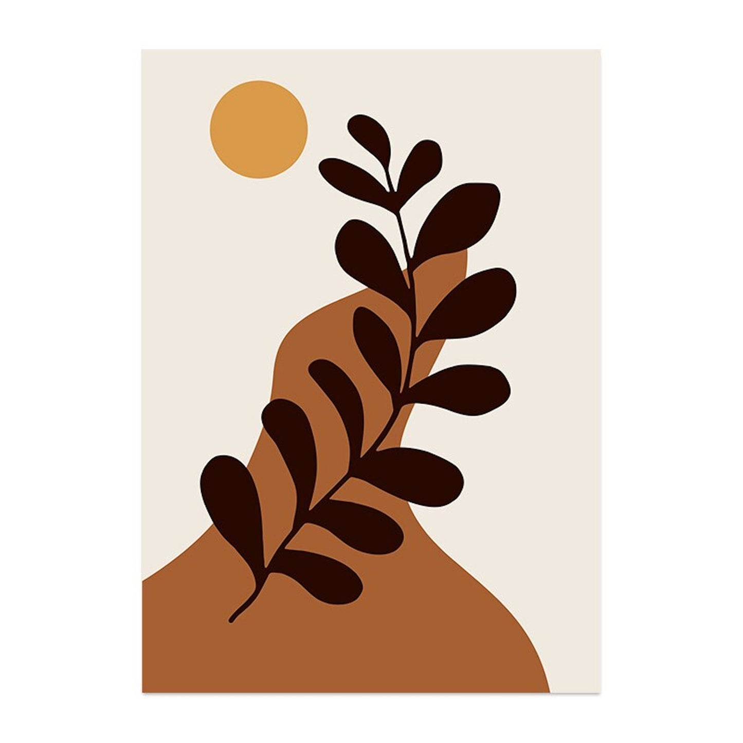Stylisches Boho-Poster in Ockar und Beige mit Pflanzenmotiv und Sonne, designed von justgoodmood. Perfekte Wanddekoration für ein modernes Zuhause.