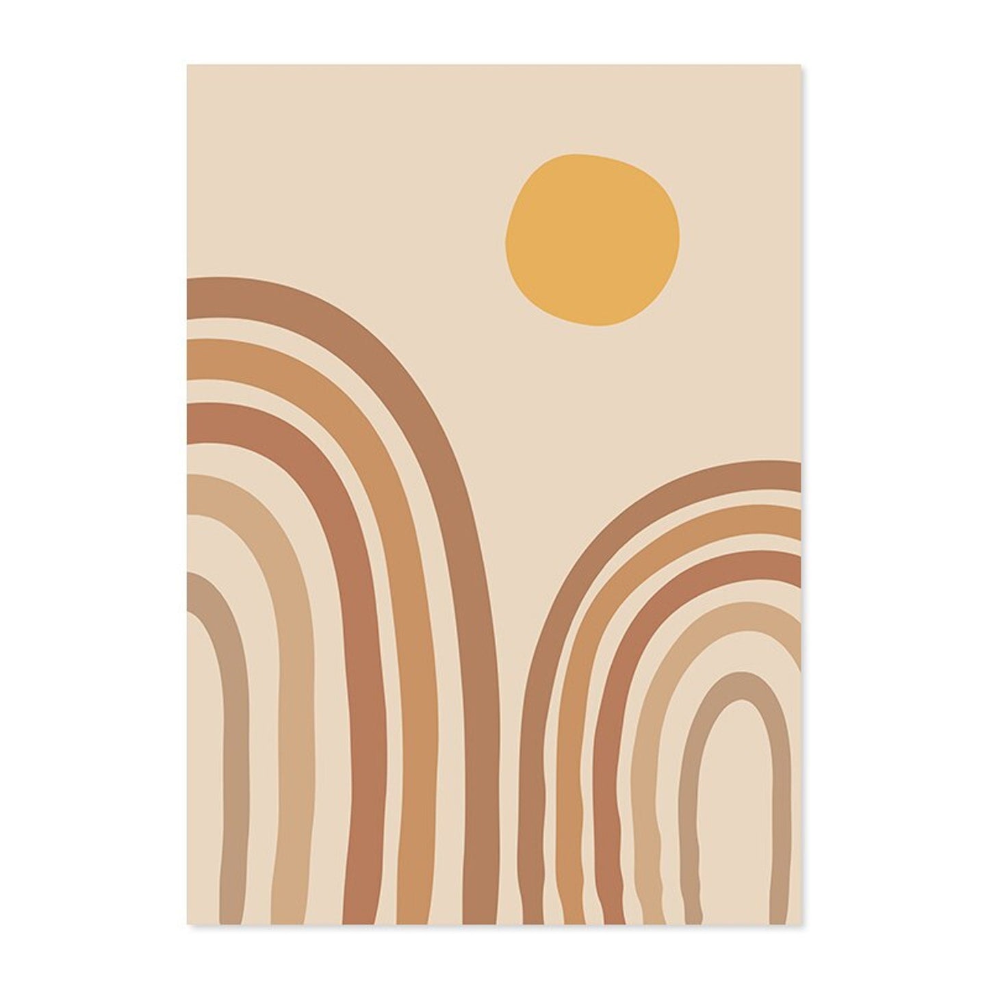 Fröhliches Poster mit einem minimalistischen Design von William Morris, Picasso und Andy Warhol als Deko Print ohne Rahmen, von justgoodmood. Farbige Bögen und eine Sonne, die ein modernes Wohnambiente unterstreicht.