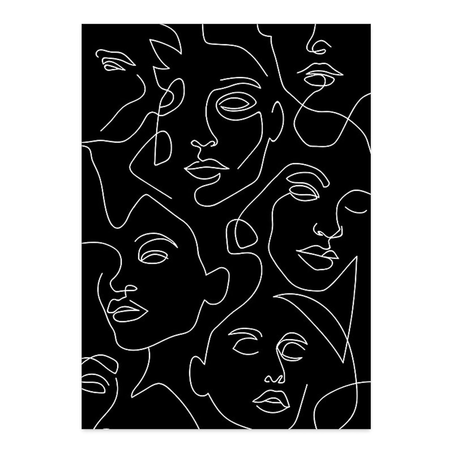 Kreatives Poster Abstrakt Boho mit Linien und geometrischen Formen, das stilvolle Gesichter auf schwarzem Hintergrund darstellt. Perfekt als Deko Print für Ihr Zuhause, von justgoodmood.
