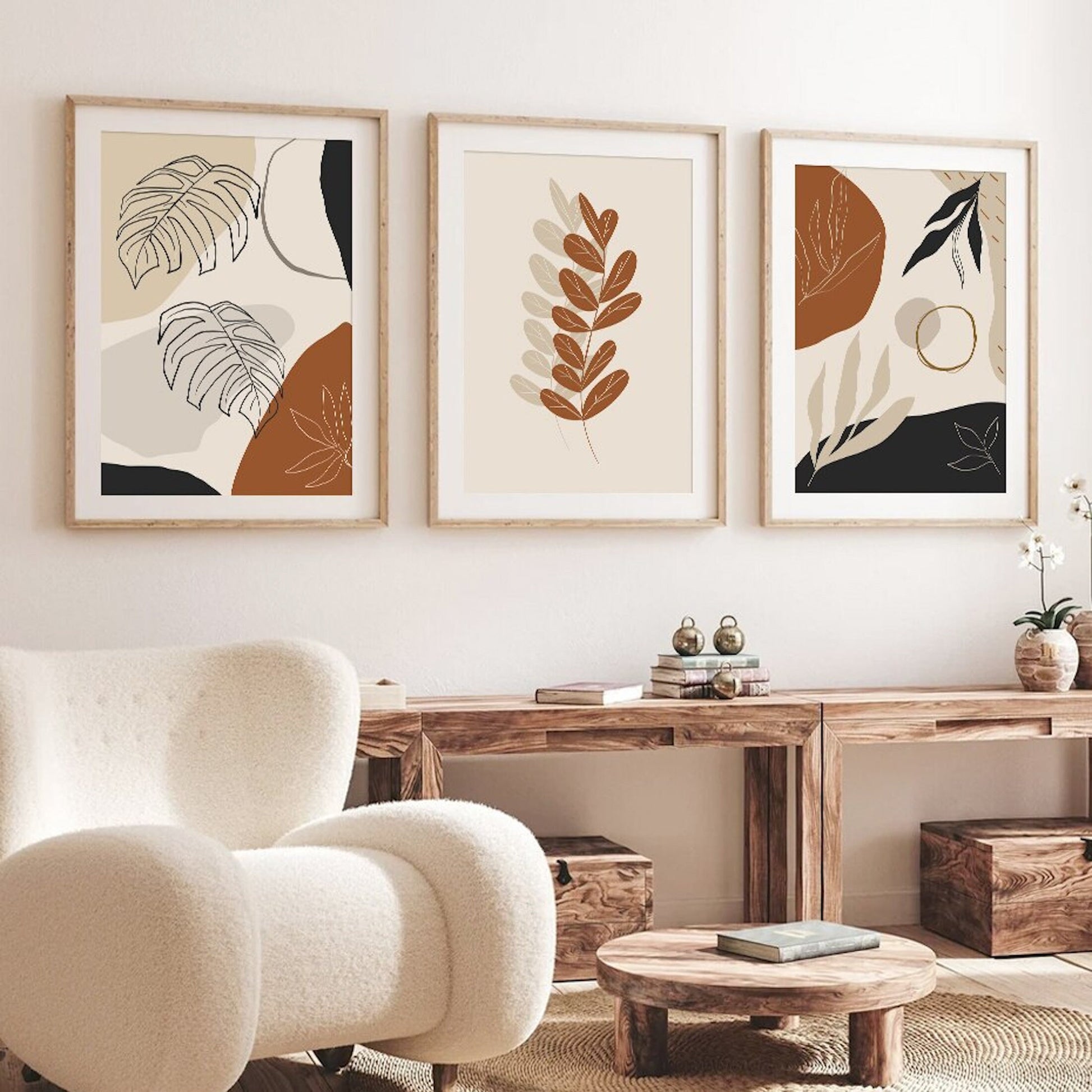 Kreatives Wandbild mit fokussierten Blattillustrationen und abstrakter Kunst, bringt den Boho-Stil in Ihr Zuhause, von justgoodmood.