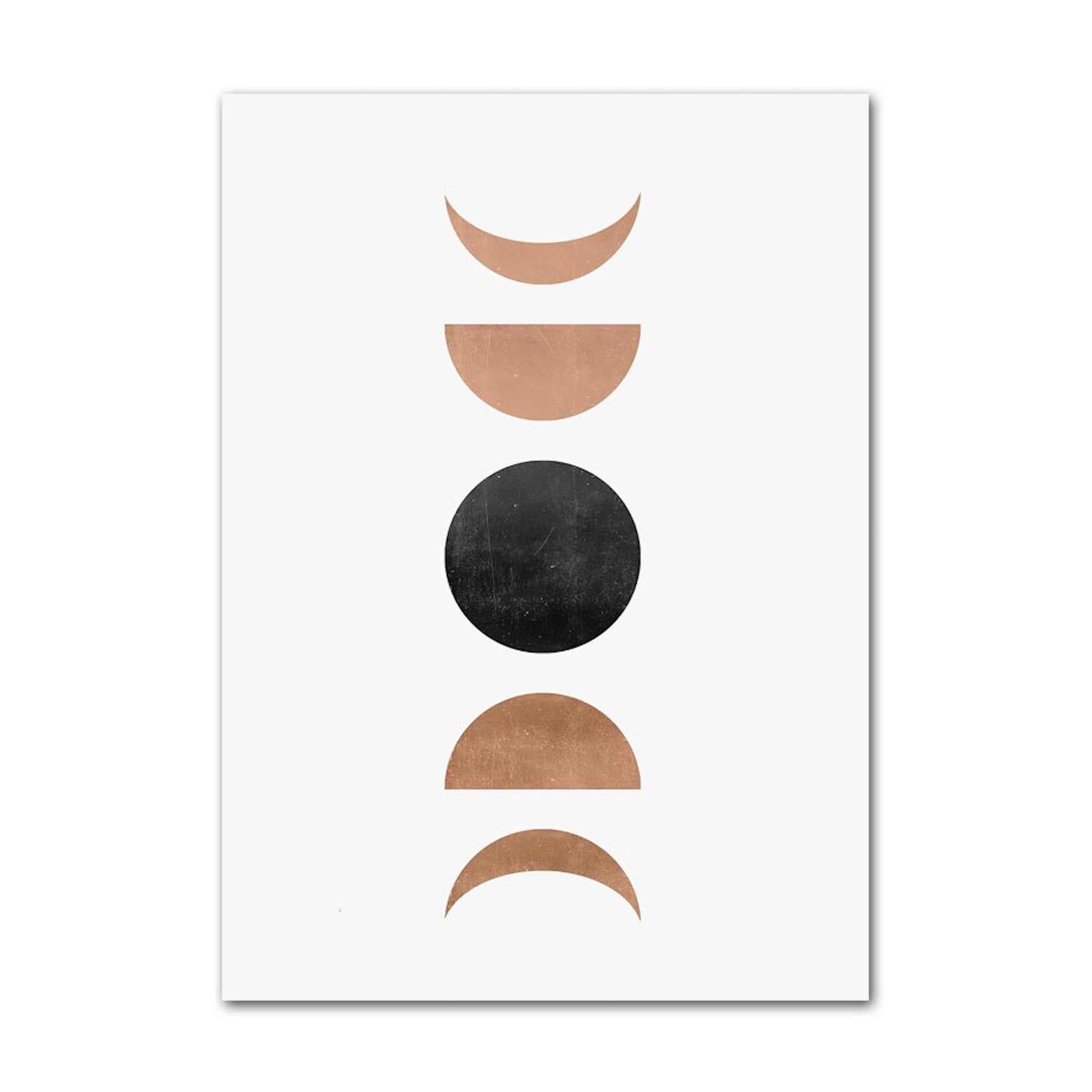 Faszinierendes Poster von justgoodmood mit stilisierten Halbmonden und einem schwarzen Kreis, perfekt für eine moderne Wandgestaltung.