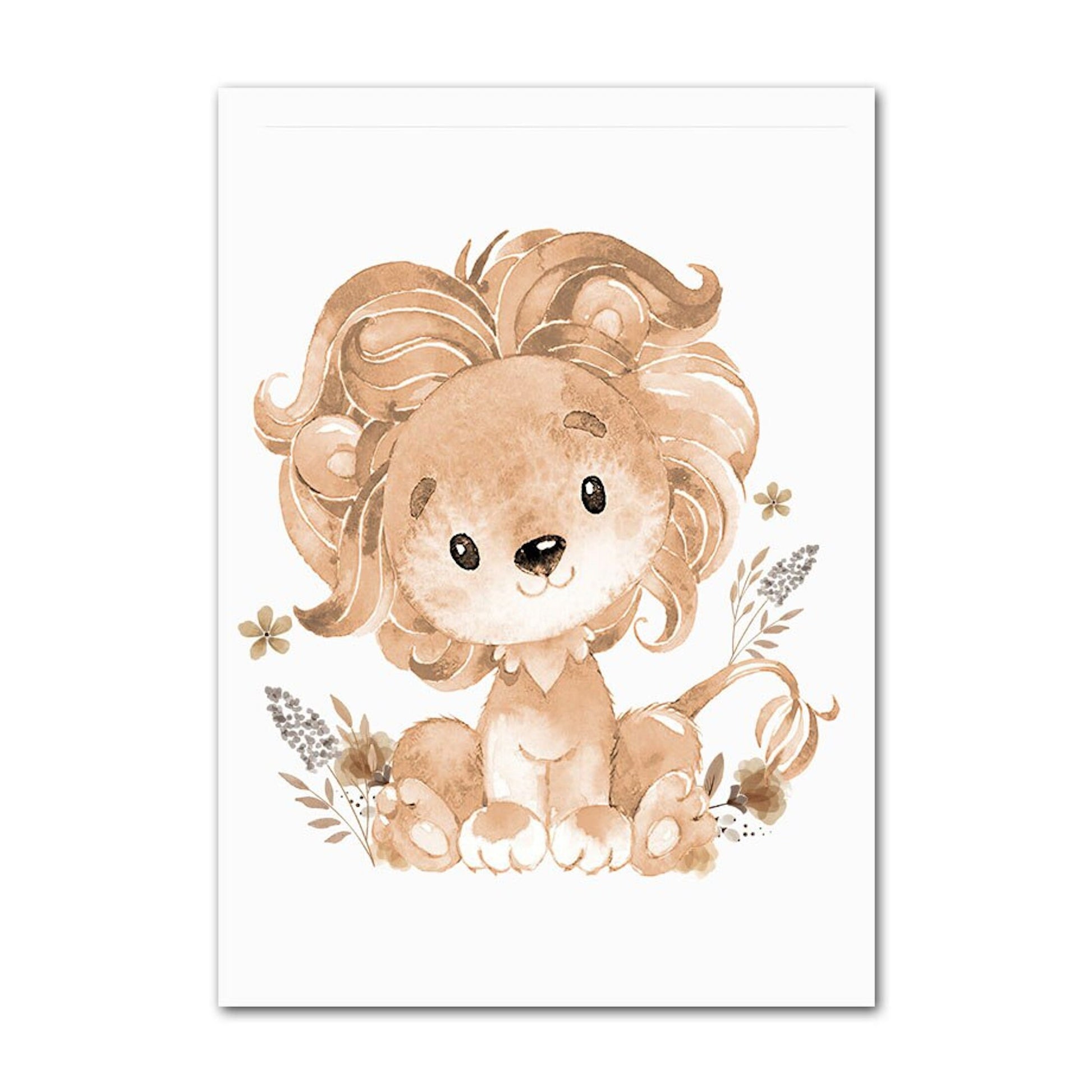 Niedlicher Löwe in sanften Farben, ideal für kreative Wandgestaltung im Kinderzimmer von justgoodmood. Poster Kinder süße Tiere im Boho Stil Nilpferd Elefant Löwe Regenbogen Sonne und Mond als Deko Print ohne Rahmen.