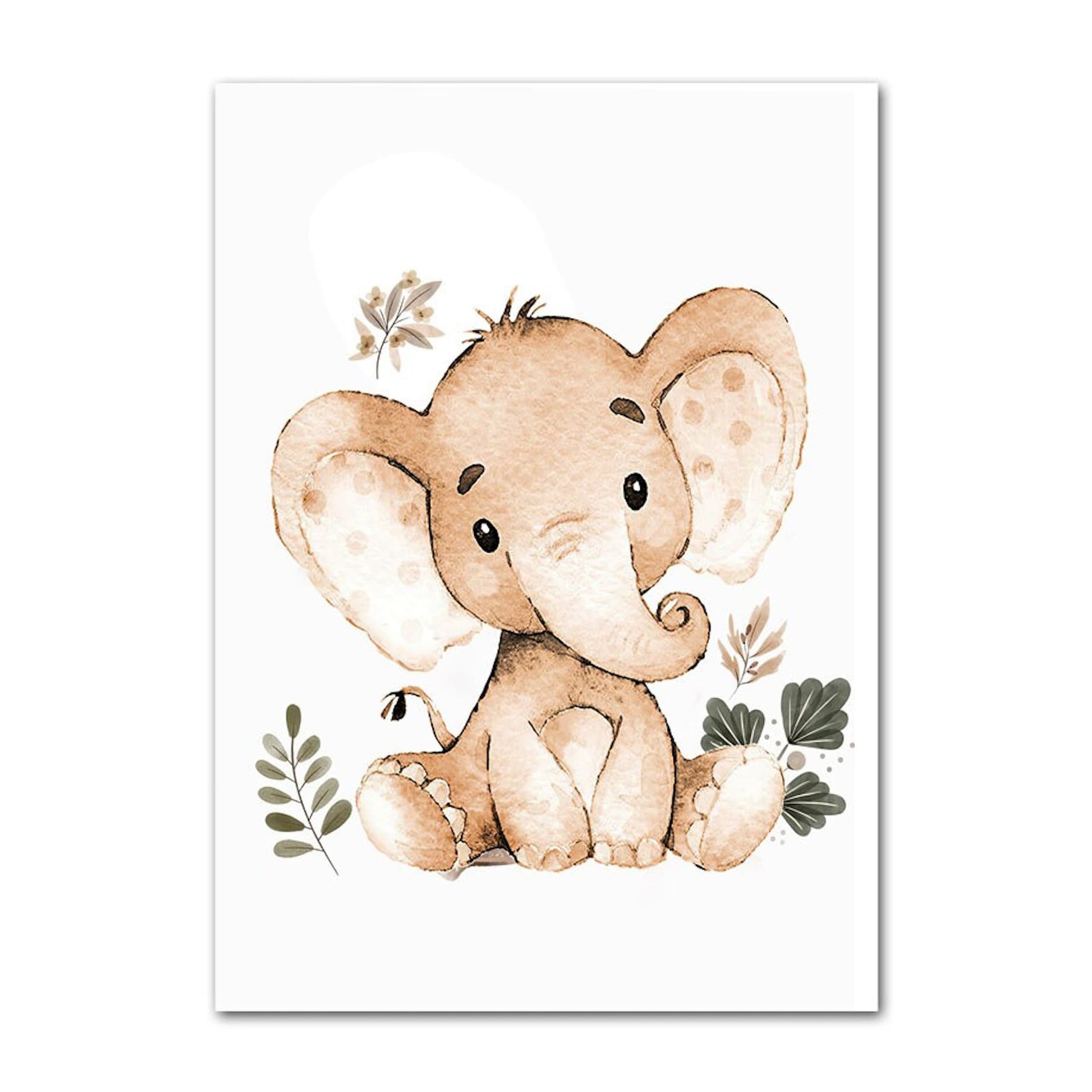 Liebenswerter Elefant in entspannter Pose auf einem Poster von justgoodmood, charmante Boho Stil Tierkunst für Kinderzimmer.