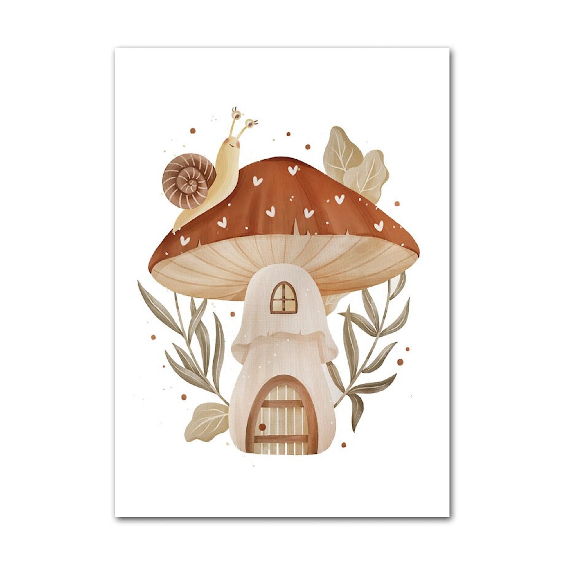 Charmantes Boho Poster von justgoodmood mit einem niedlichen Pilzhaus, einer Schnecke und botanischen Elementen, ideal für Kinderzimmer-Dekoration.