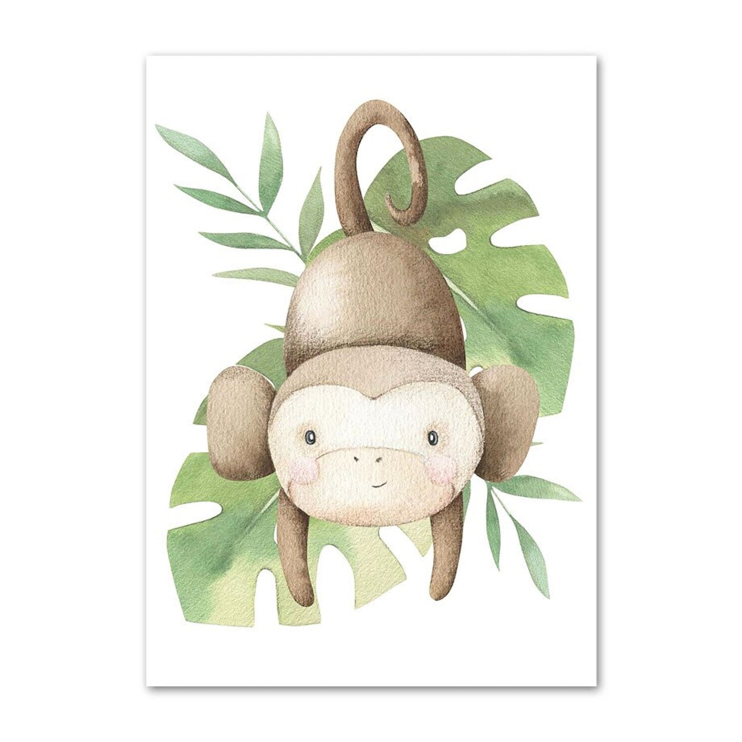 Verspielter Affe auf grünem Blatt; einzigartiges Kinderposter von justgoodmood, das Leben in jede Wand bringt.