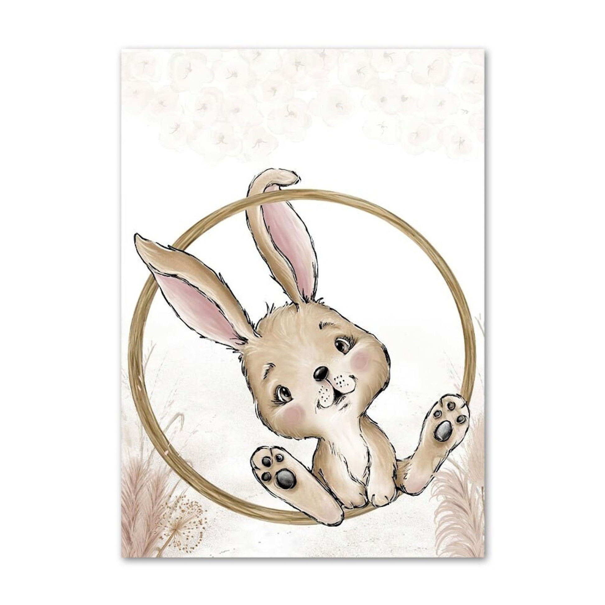 Bezaubernder Hase in einem Ring, illustrativ für das Kinderzimmer, Poster von justgoodmood mit dem Titel 'Poster Kinderzimmer Bilder Tiere Bär Reh Fuchs Hase und Spruch sei Frech wild und wunderbar als Deko Print ohne Rahmen'.
