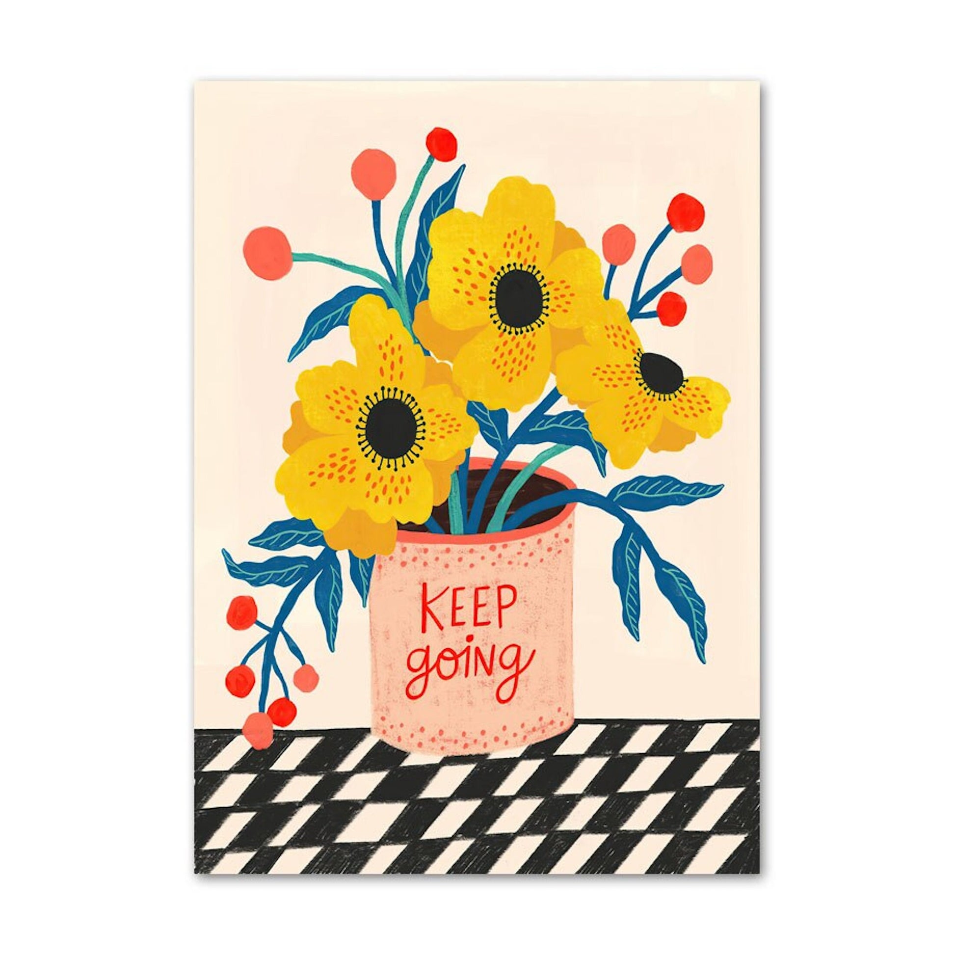 Buntes Blumen-Poster mit dem Motto 'Keep going' von justgoodmood, ideal für die kreative Raumgestaltung im Kinderzimmer.