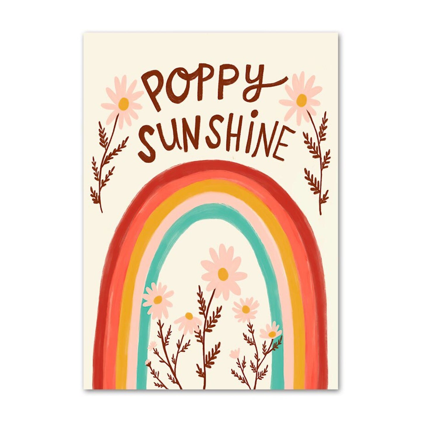 Lebhaftes Poster von JustGoodMood mit dem Schriftzug 'POPPY SUNSHINE' und einem Regenbogen, perfekt für ein fröhliches Kinderzimmer. Poster Kinderzimmer Bilder Bunt und Fröhlich Schmetterlinge Sonne Taube Blumenkranz als Deko Print ohne Rahmen.