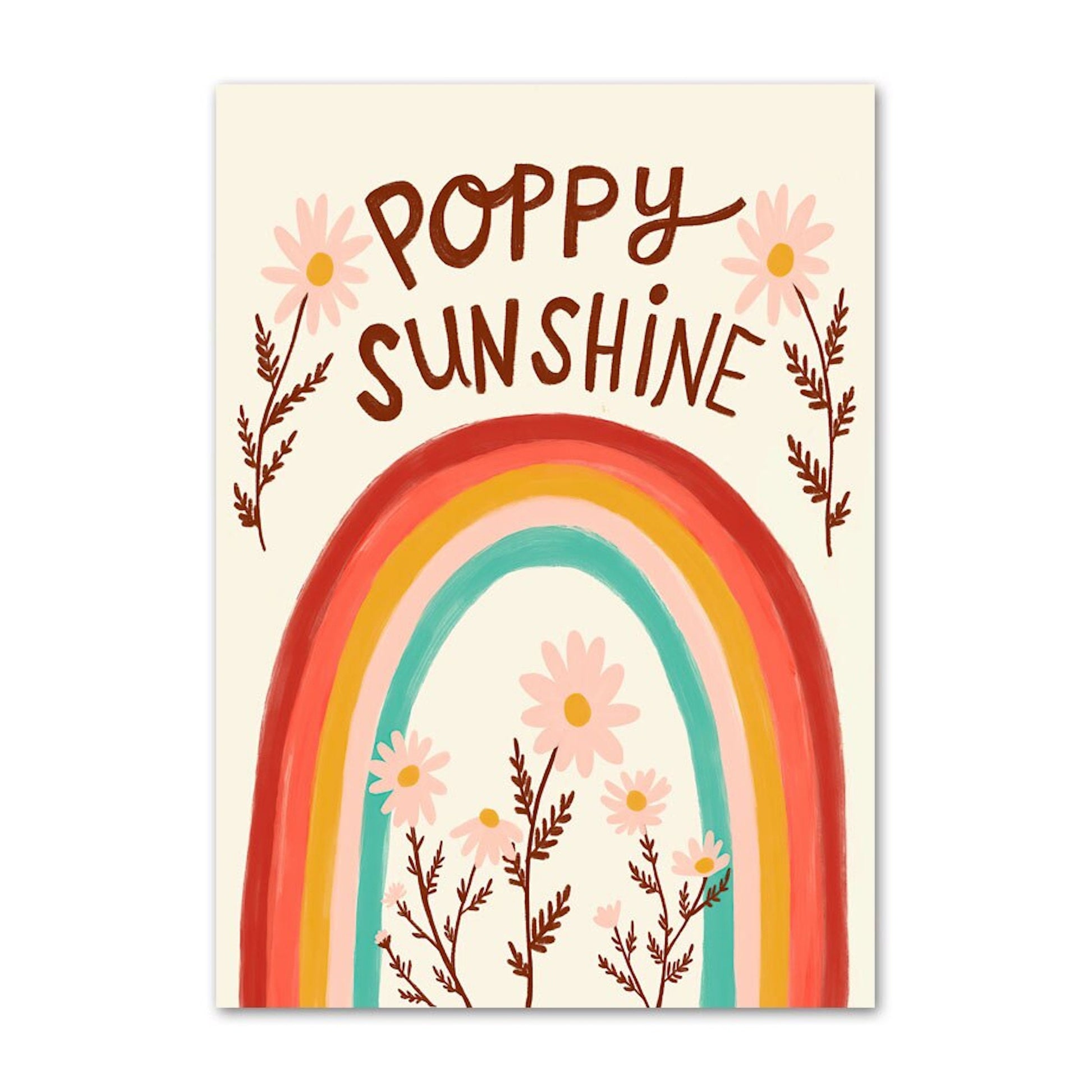 Lebhaftes Poster von JustGoodMood mit dem Schriftzug 'POPPY SUNSHINE' und einem Regenbogen, perfekt für ein fröhliches Kinderzimmer. Poster Kinderzimmer Bilder Bunt und Fröhlich Schmetterlinge Sonne Taube Blumenkranz als Deko Print ohne Rahmen.
