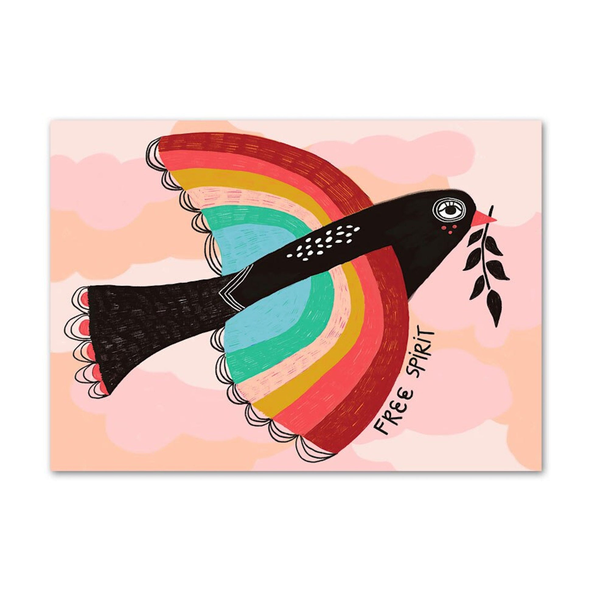 Verspieltes Poster von JustGoodMood mit einem bunten Vogel und dem Text 'FREE SPIRIT', ideal für die Kinderzimmergestaltung. Poster Kinderzimmer Bilder Bunt und Fröhlich Schmetterlinge Sonne Taube Blumenkranz als Deko Print ohne Rahmen.