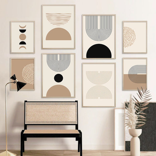 Elegante Wandgestaltung mit Boho Halbkreise und Linien Deko Print ohne Rahmen von justgoodmood. Hochwertige Drucke in sanften Farben, die jedem Raum einen persönlichen Touch verleihen.