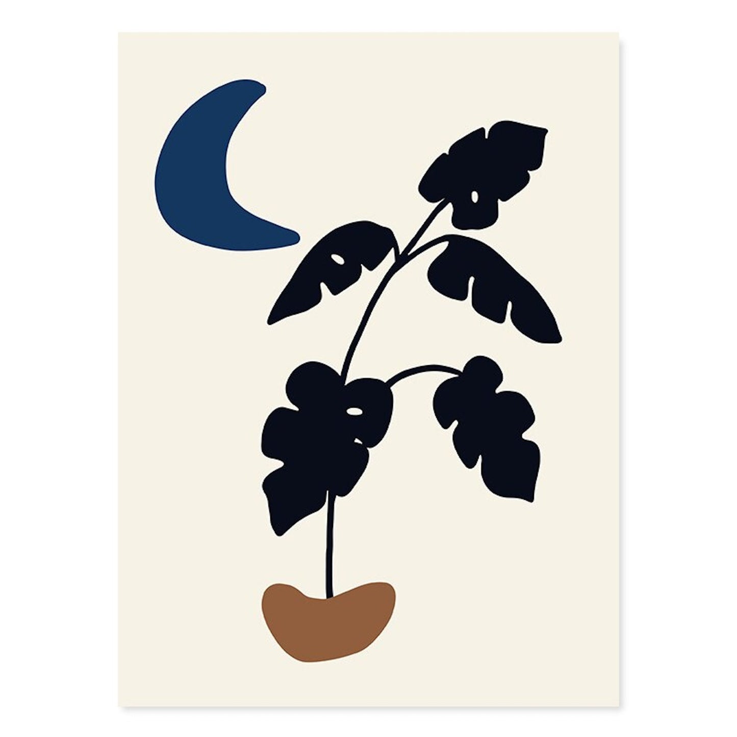 Einzigartiges Boho Poster von justgoodmood mit stilvollen Pflanzenmotiven und einer blauen Mondphase. Fügen Sie Ihrem Zuhause eine fröhliche Note hinzu!