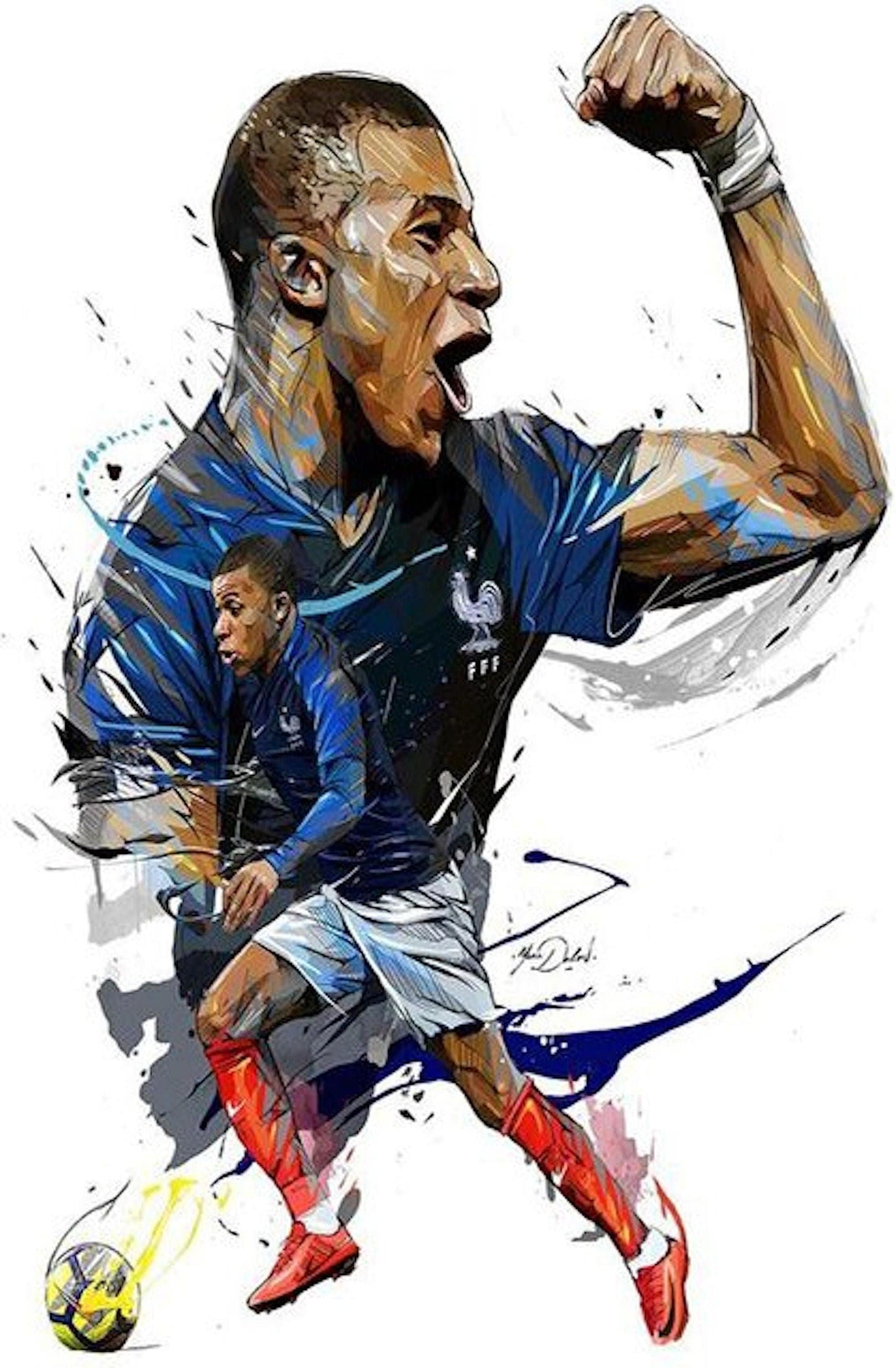 Kreatives Poster mit Kylian Mbappé, der den Jubel nach einem Tor zeigt. Ein echter Blickfang für jedes Zimmer von justgoodmood.