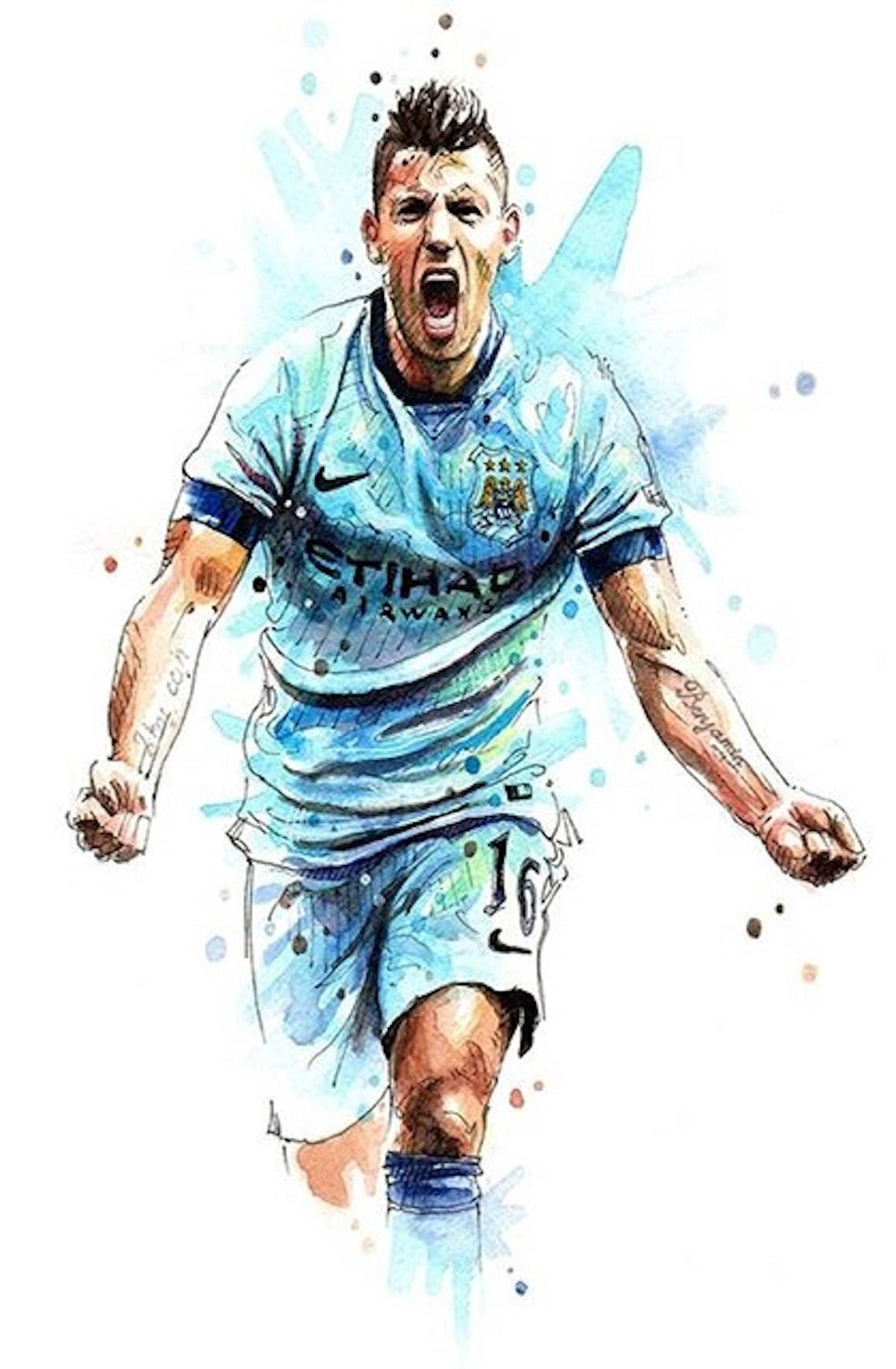 Lebhaftes Deko-Poster von einem feiernden Fußballspieler in Manchester City-Trikot. Ideal für Fußballfans und Sportenthusiasten von justgoodmood.