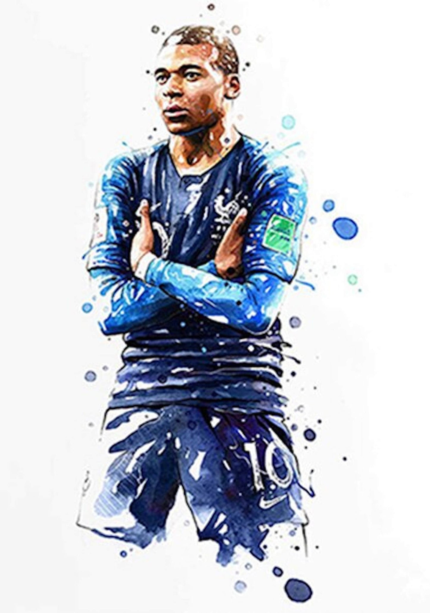 Dynamisches Poster von Kylian Mbappe in der französischen Nationalmannschaft, das seinen Jubel zeigt. Perfekte Wandkunst für Sportfans von justgoodmood.