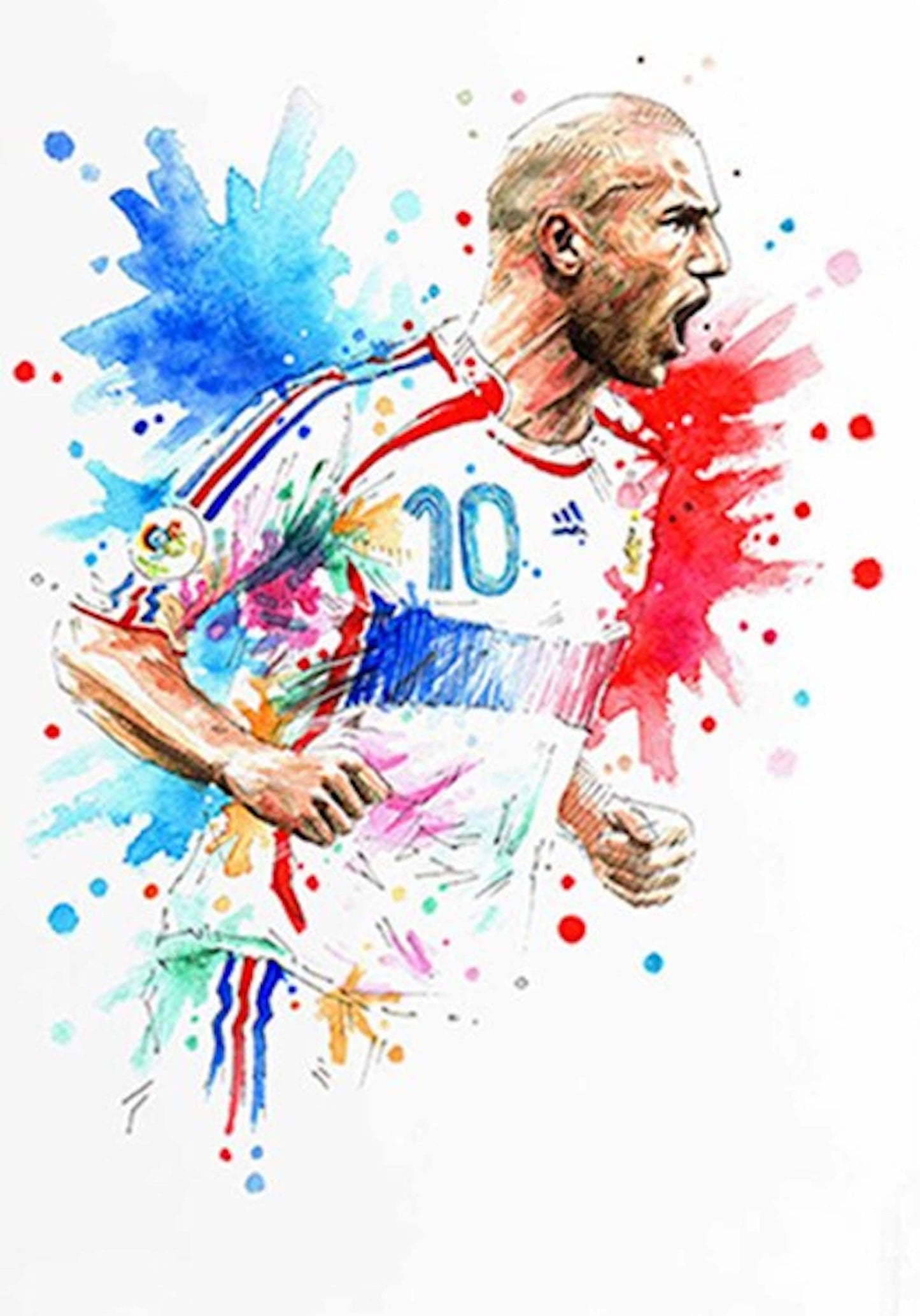 Lebhaftes Poster von Zinedine Zidane im französischen Nationaltrikot, voller Energie und Emotion. Ansprechende Wanddekoration für Fußballliebhaber von justgoodmood.