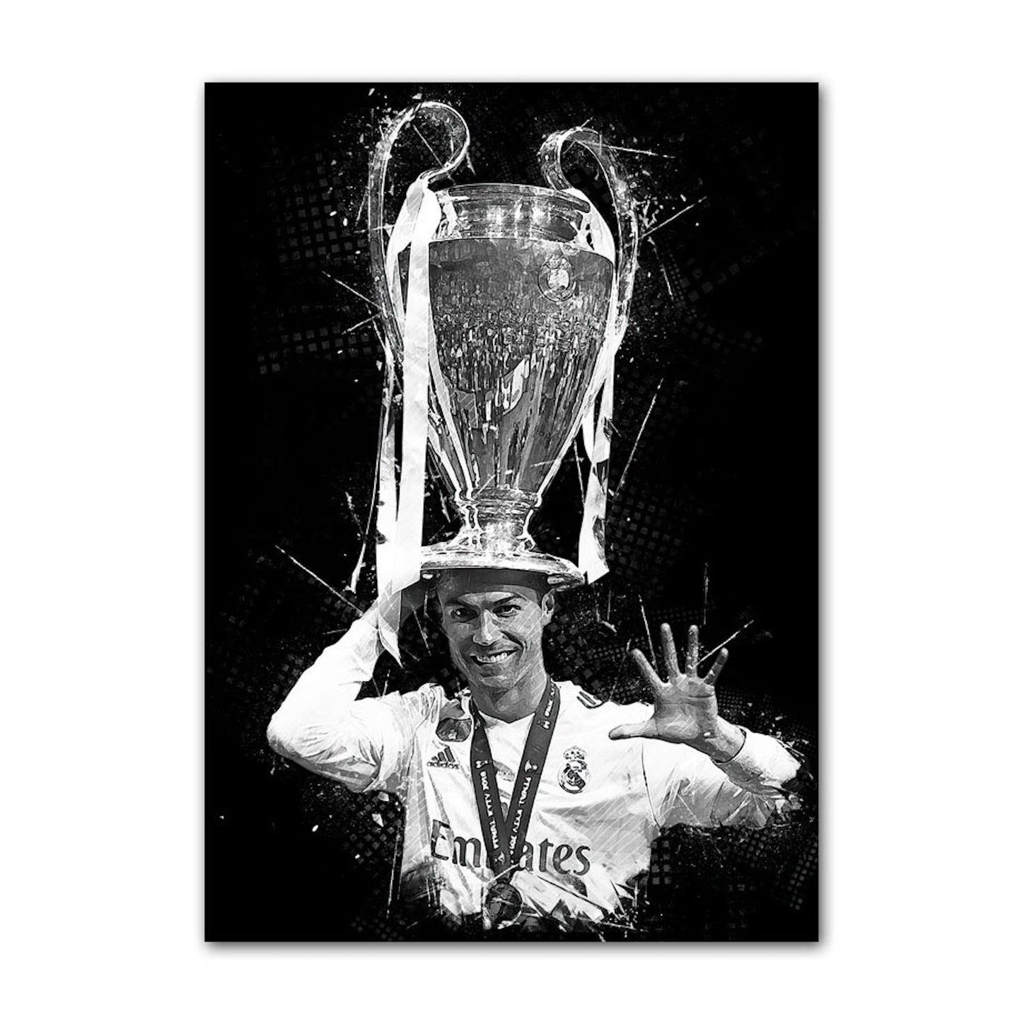 Christiano Ronaldo mit Champions-League-Pokal Poster in Schwarz-Weiß von justgoodmood. Ein perfektes Geschenk für jedem Fußballenthusiasten!
