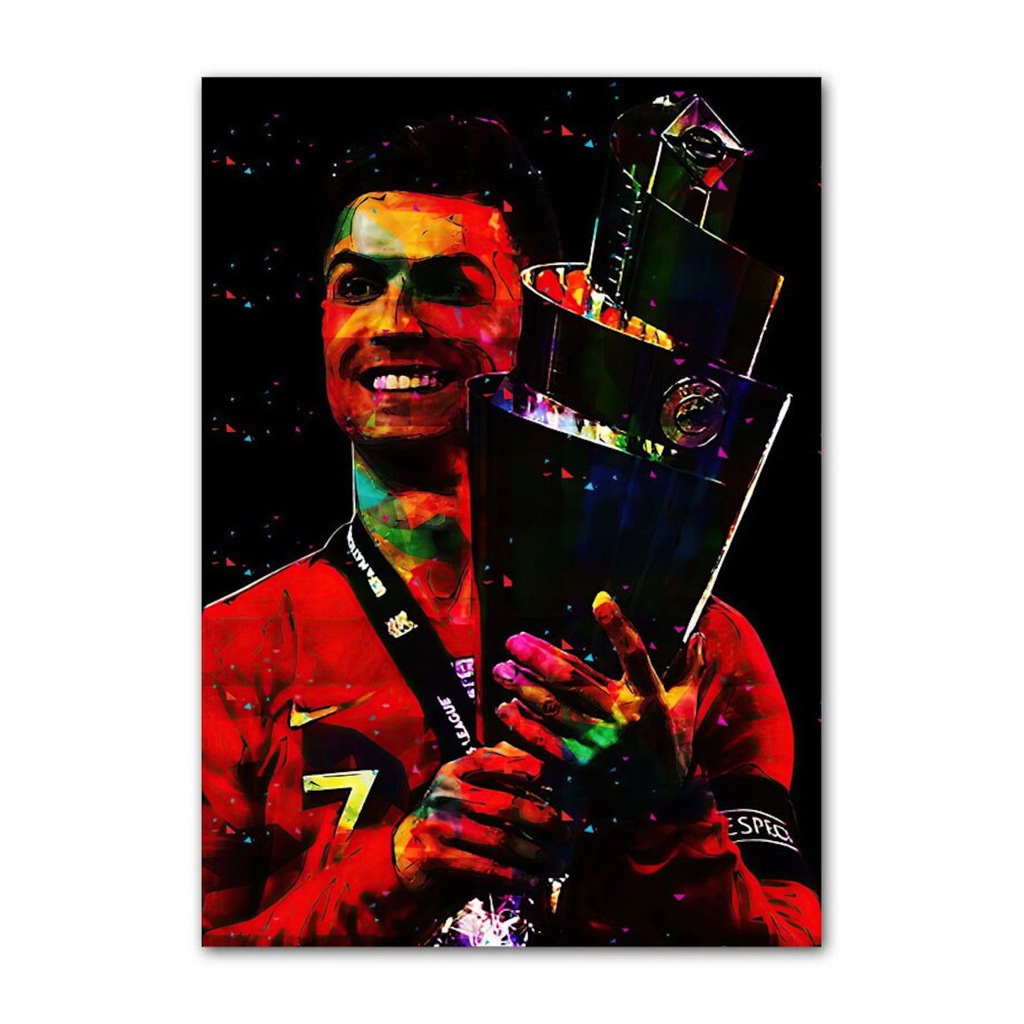 Fantasievoll gestaltetes Poster von Cristiano Ronaldo, der einen Pokal voller Freude in den Händen hält, umgeben von bunten Farben. Ein einzigartiger Deko Print ohne Rahmen von justgoodmood.