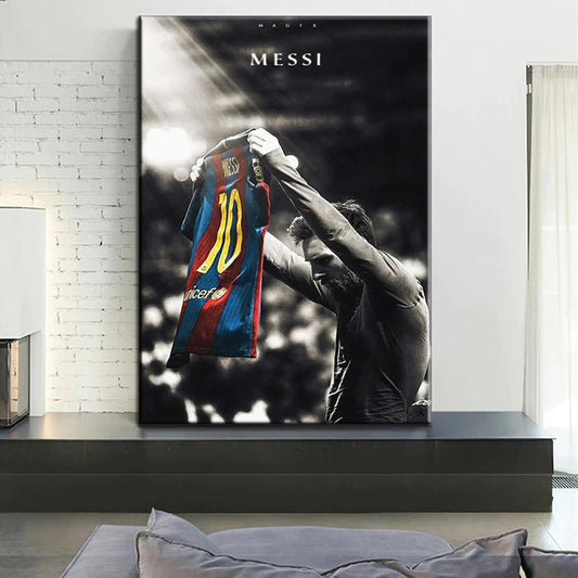 Poster Fußball von Lionel Messi mit der Nummer 10 bei FC Barcelona, farbenfrohe Wandkunst für Fußballfans, erhältlich bei justgoodmood.