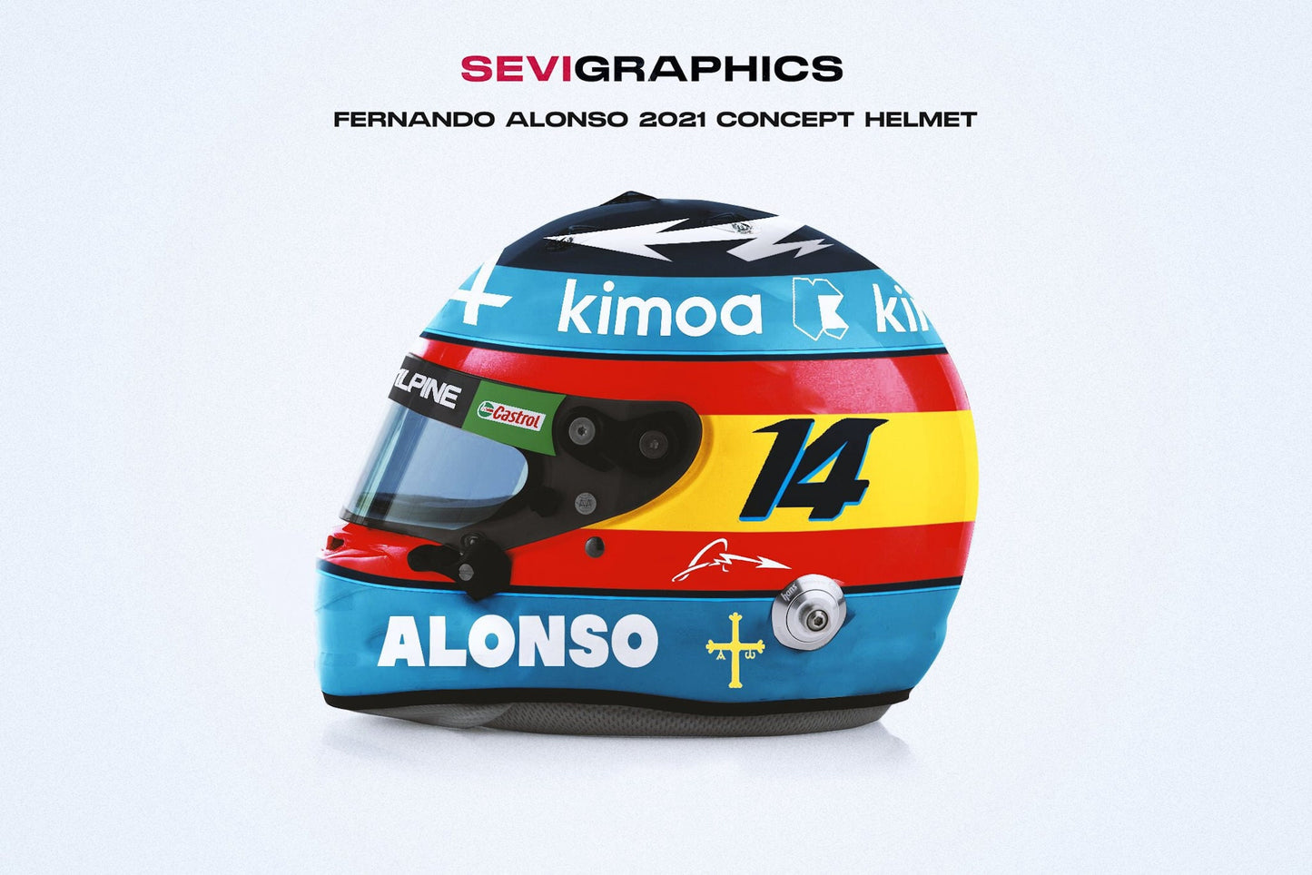Poster Formel 1 Fahrer Helme als Deko Print ohne Rahmen von justgoodmood, zeigt den bunten Alonso Helm-Konzept aus 2021, der jeden Raum lebendig macht.