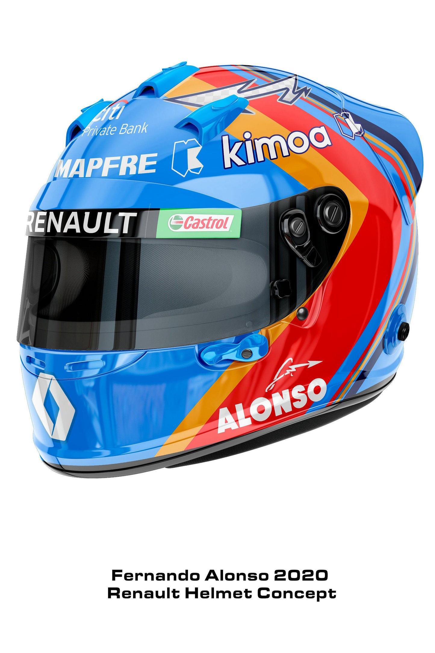 Poster Formel 1 Fahrer Helme als Deko Print ohne Rahmen von justgoodmood, zeigt ein modernes Konzept des Fernando Alonso Helms aus 2020, perfekt für F1-Fans.