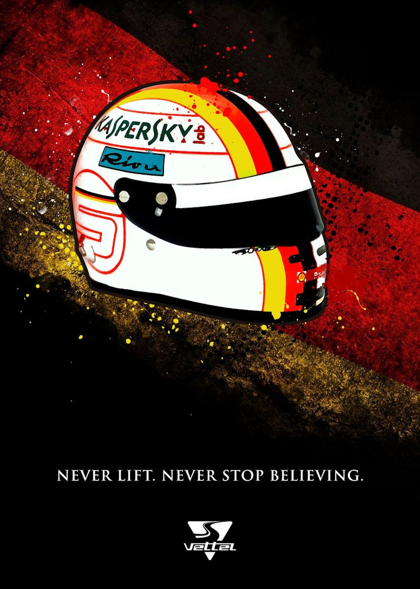 Poster von Sebastian Vettels Helm mit dem Motto "Never lift. Never stop believing." aus der Formel 1 Fahrer Helme Deko Print Serie von justgoodmood, ideal für F1-Enthusiasten.