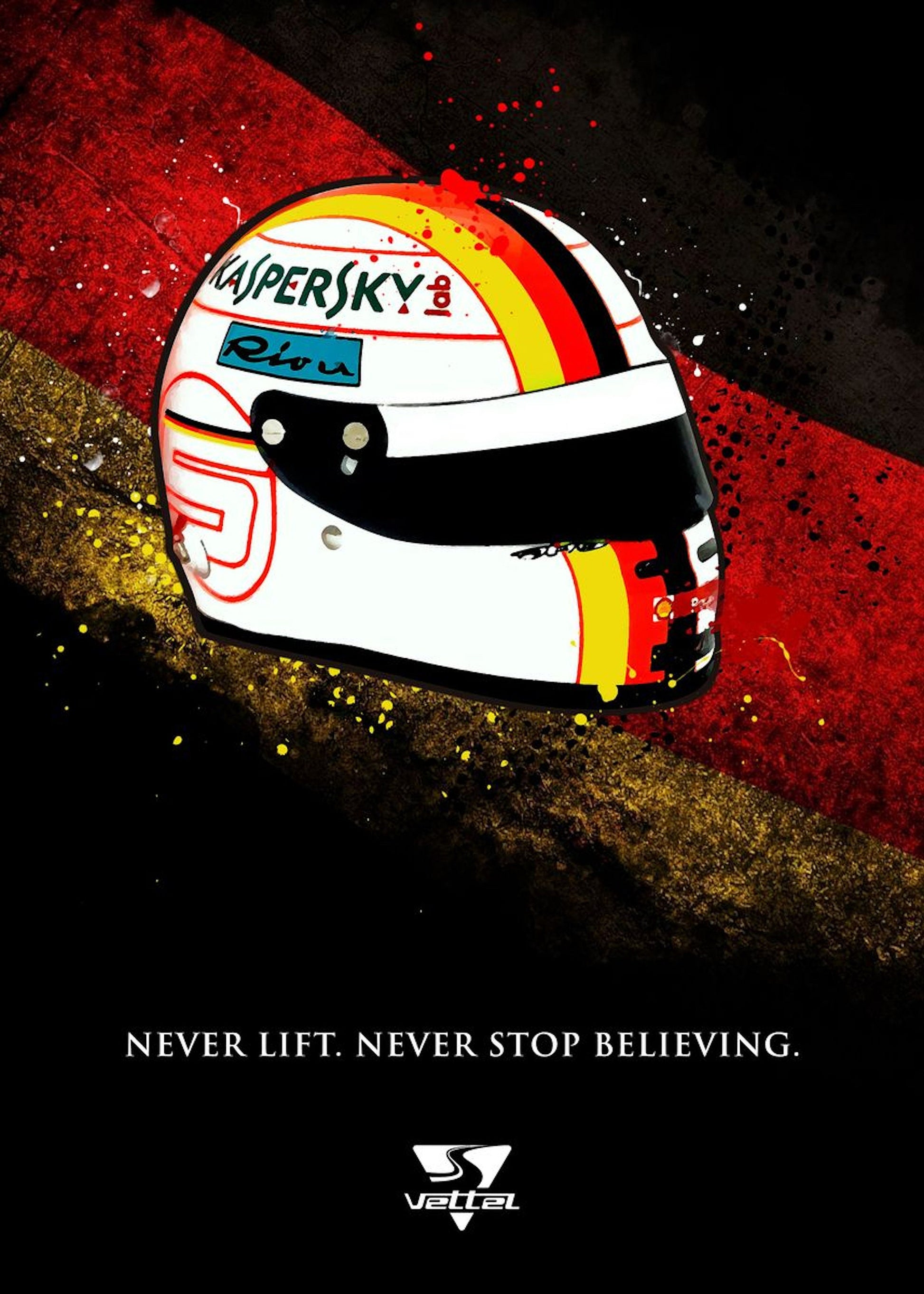 Poster von Sebastian Vettels Helm mit dem Motto "Never lift. Never stop believing." aus der Formel 1 Fahrer Helme Deko Print Serie von justgoodmood, ideal für F1-Enthusiasten.