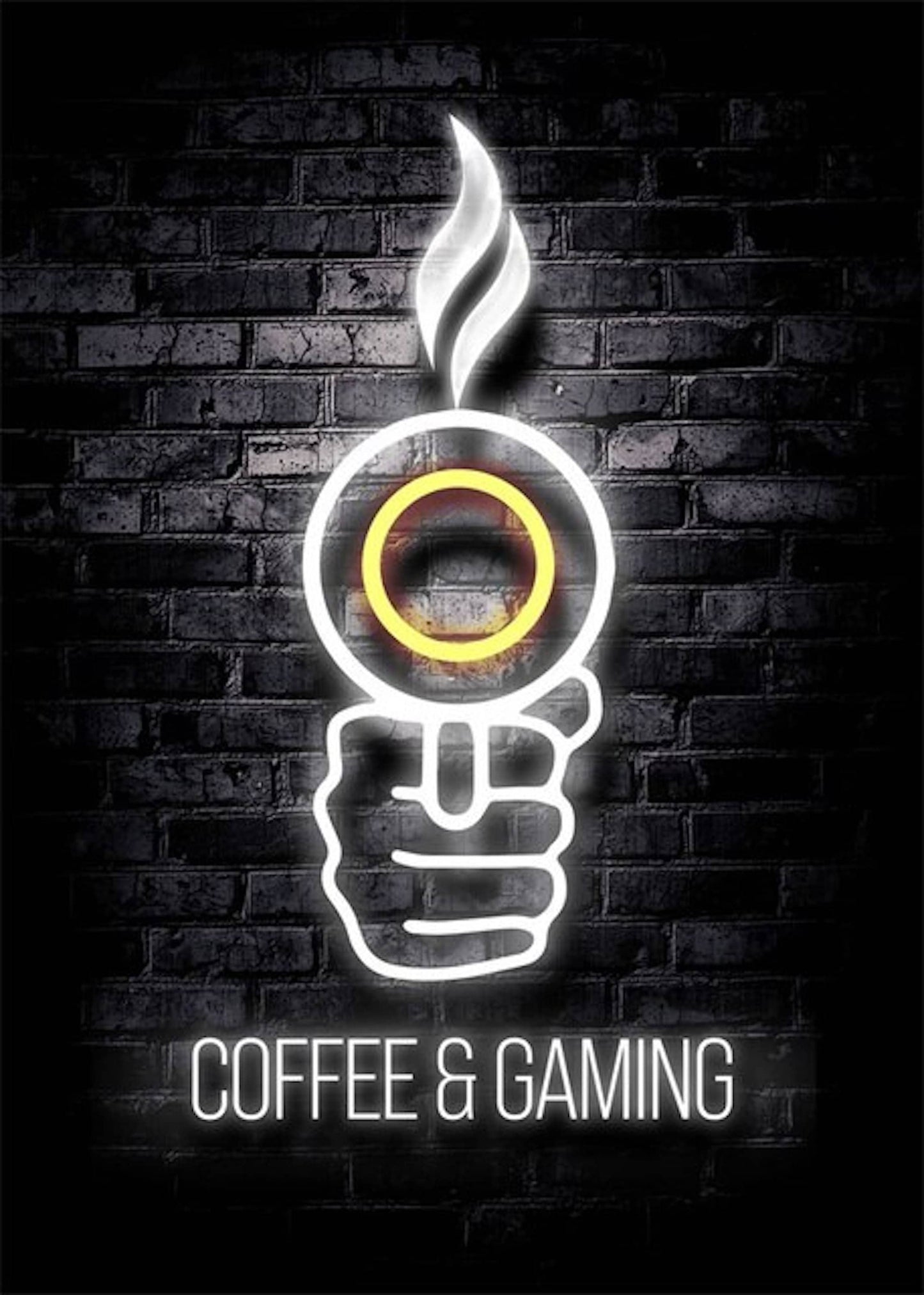 Kreatives Neon-Design mit dem Text 'COFFEE & GAMING' von justgoodmood, das die perfekte Kombination für Gamer darstellt.