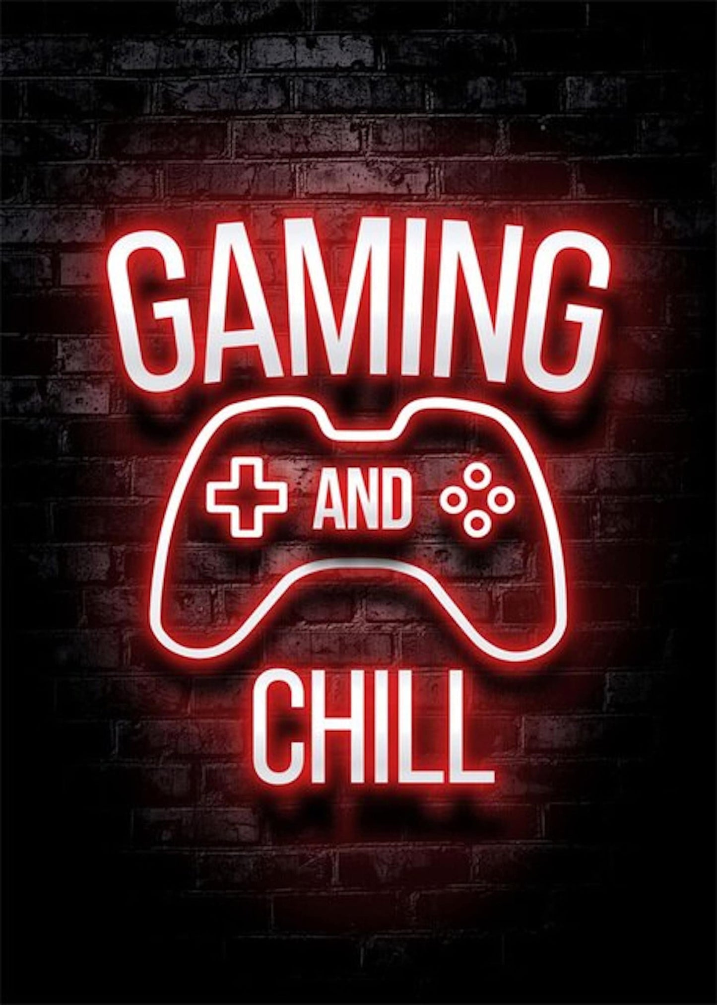 Neon-Poster mit der Aufschrift 'GAMING AND CHILL' von justgoodmood, perfektes Dekor für jeden Gaming-Bereich.