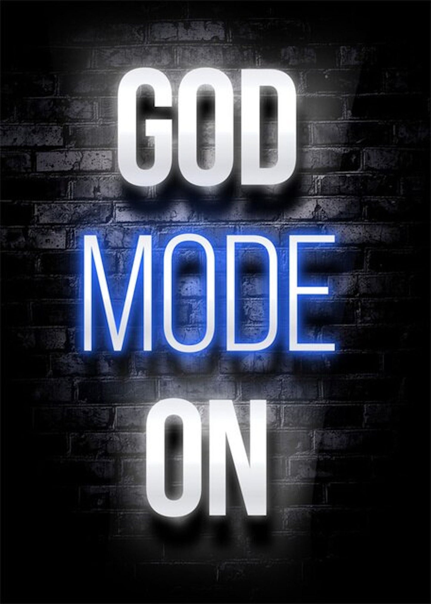 Modernes Poster mit dem Slogan 'GOD MODE ON' in leuchtenden Farben, von justgoodmood, für jeden Gaming-Enthusiasten.