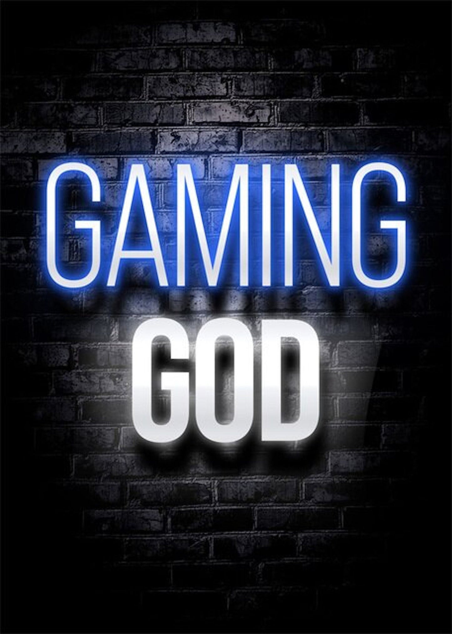 Kreatives Poster mit dem Schriftzug 'GAMING GOD' in Neonfarben, erhältlich bei justgoodmood für Ihre coolen Gaming-Wände.
