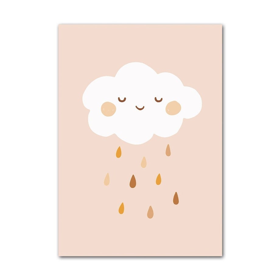 Niedliches Wolken-Poster mit einem lächelnden Gesicht und sanften Regentropfen, ideal für das Kinderzimmer. Ein charmantes Kunstwerk von justgoodmood für eine verspielte Einrichtung.