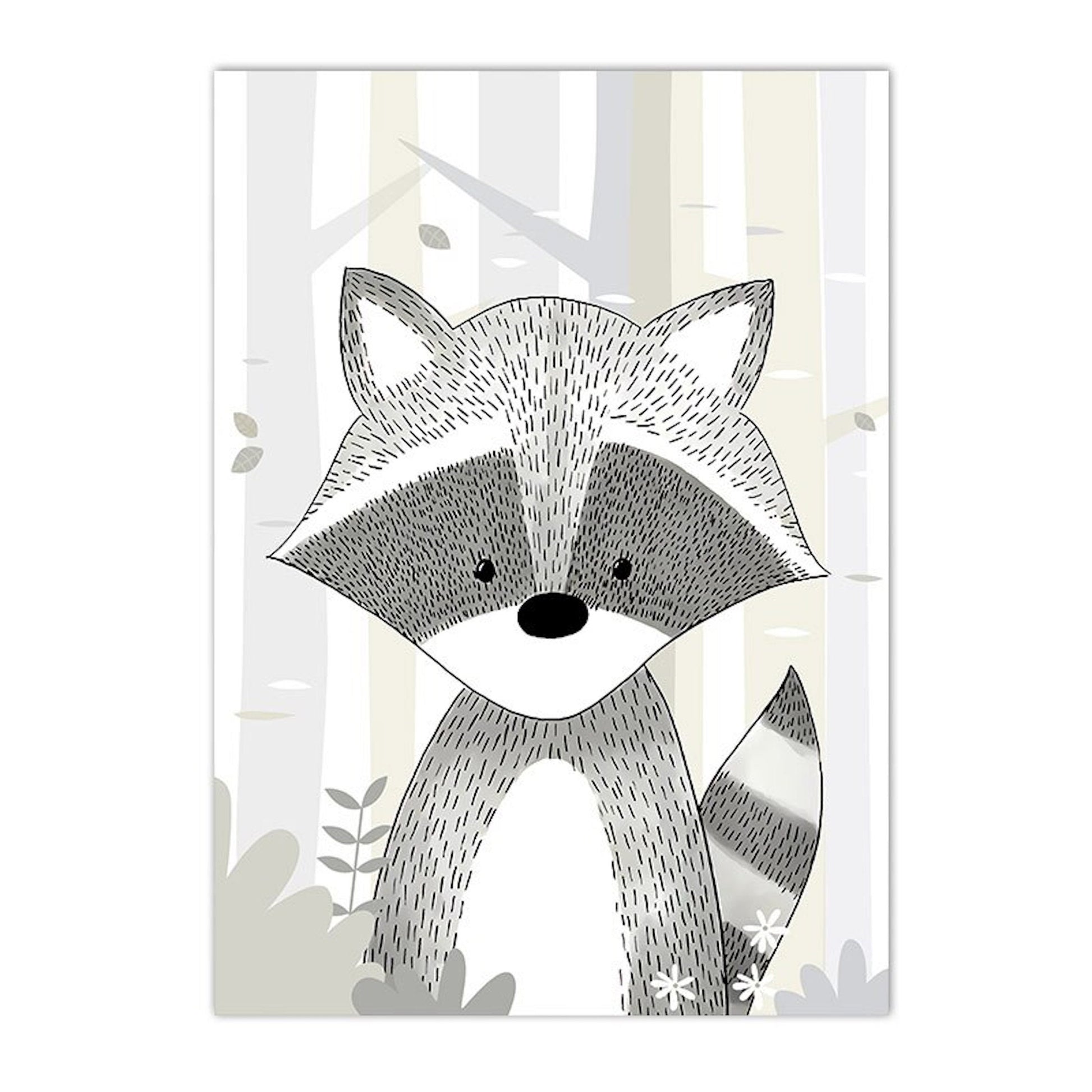 Süßes Wandbild eines Waschbären in Schwarz-Weiß, ideal für die kreative Einrichtung von Kinderzimmern von justgoodmood.