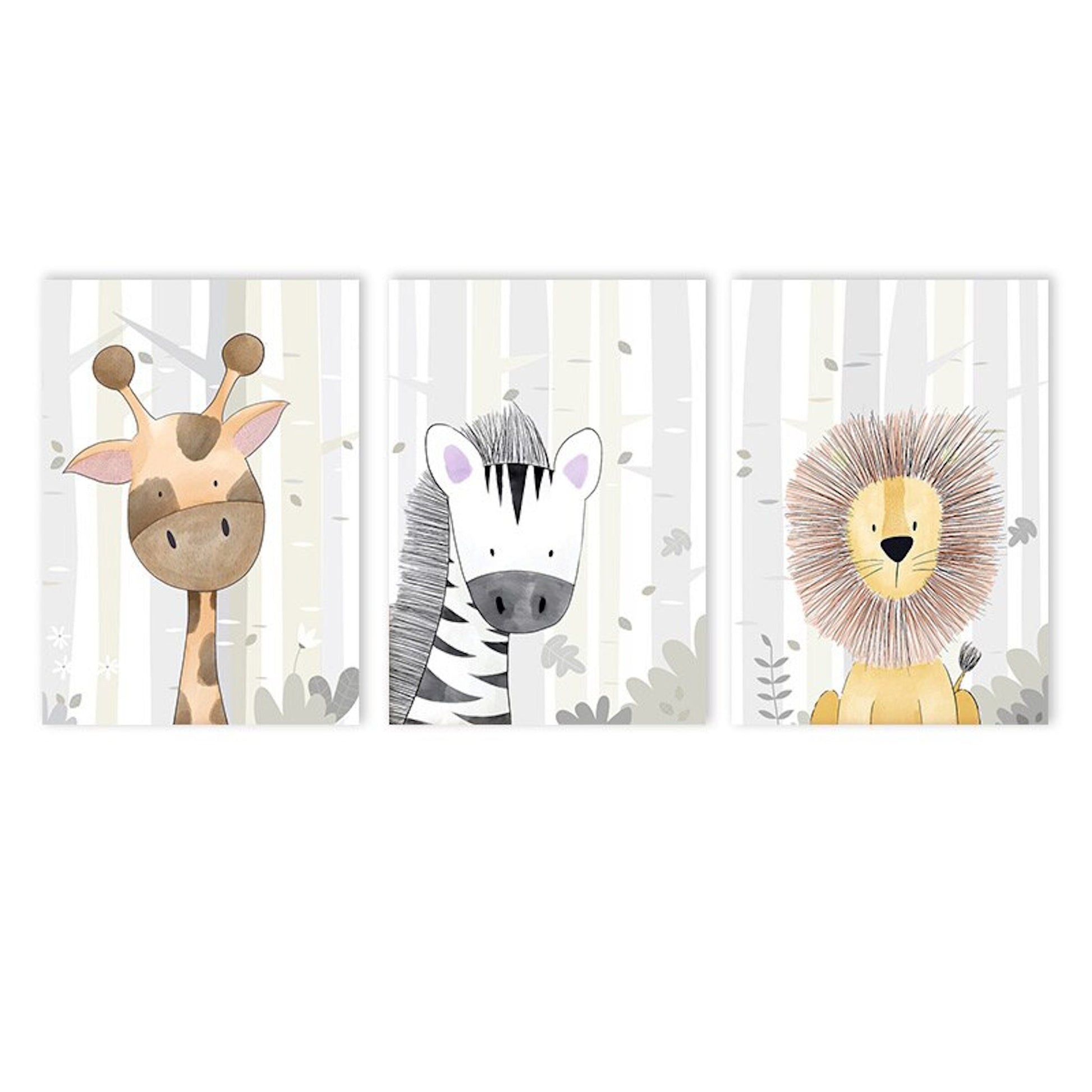 Süßes Tierposter von justgoodmood, das eine Giraffe, ein Zebra und einen Löwen zeigt, perfekt für fröhliche Kinderzimmerdekoration.