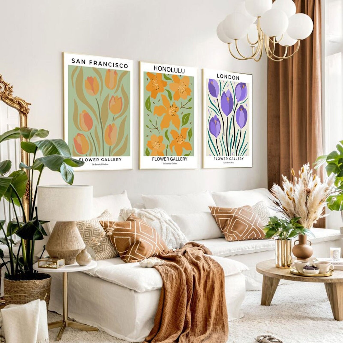 Faszinierendes Wanddekor mit Postern von San Francisco, Honolulu und London aus der Kollektion "Blumen Markt San Francisco Mailand London" von justgoodmood. Diese stilvollen Drucke verleihen jedem Raum ein fröhliches Ambiente.