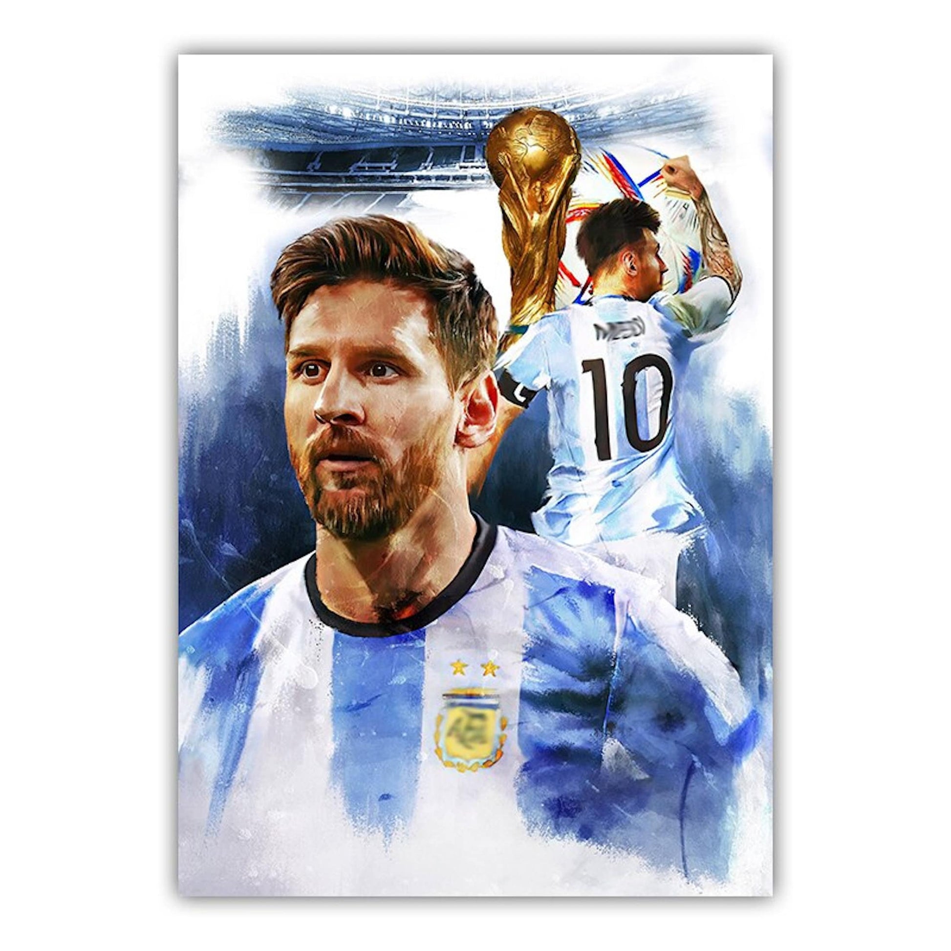 Künstlerisches Poster von Messi, das den Fußballstar in Aktion mit dem Weltmeisterschaftspokal zeigt. Perfekte Deko für Sportliebhaber von justgoodmood.