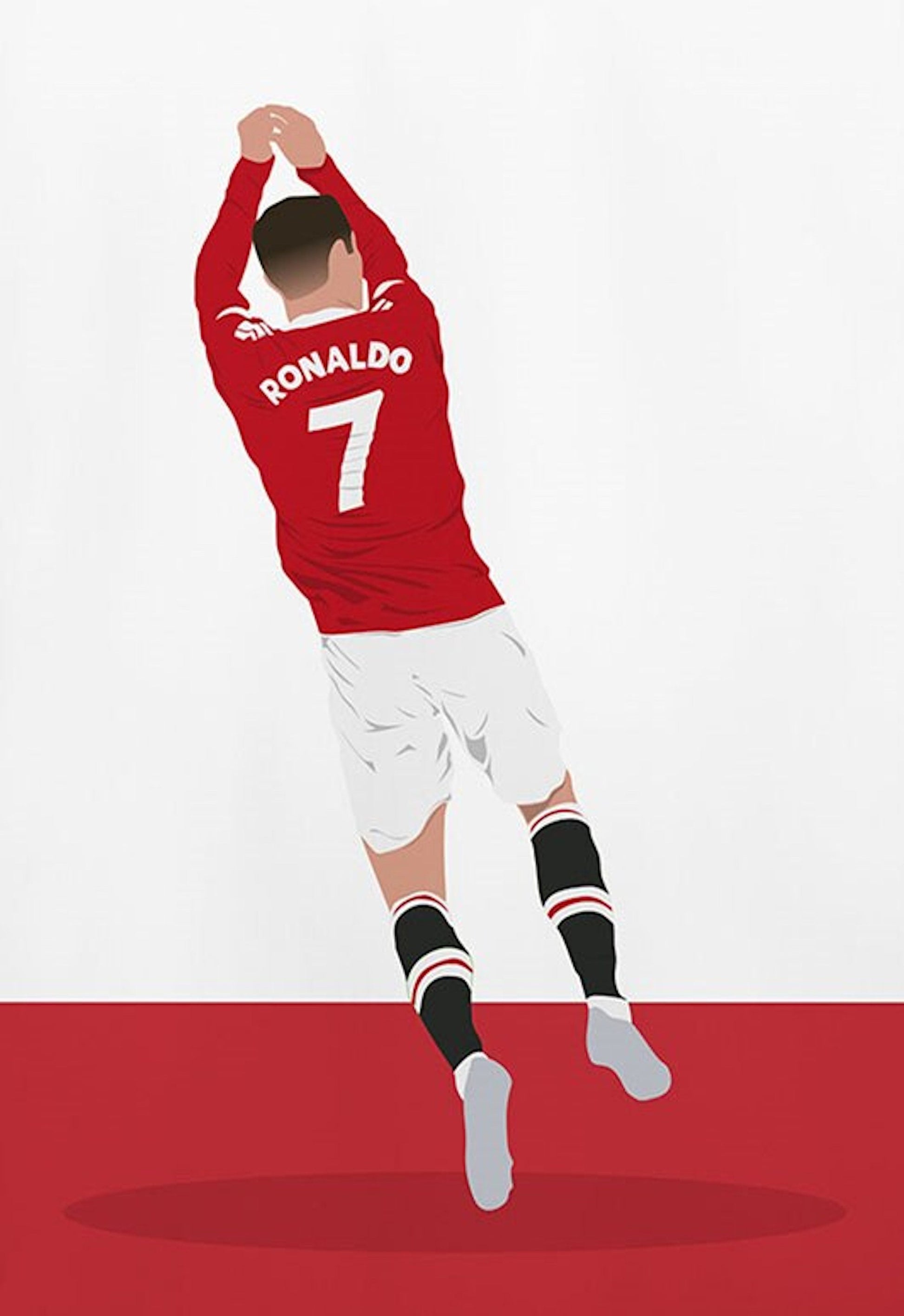 Deko-Print von justgoodmood eines Fußballspielers in einer dynamischen Flug-Positur, der die Rückennummer 7 mit dem Namen 'RONALDO' trägt. Ein Muss für jeden Fußballbegeisterten!