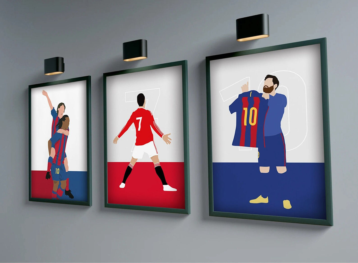 Stylisches Poster von justgoodmood mit Fußballlegenden von Messi, Ronaldo, Maradona, Rooney und Benzema ohne Gesicht als Deko-Print ohne Rahmen, perfekt für jeden Fußballfan.