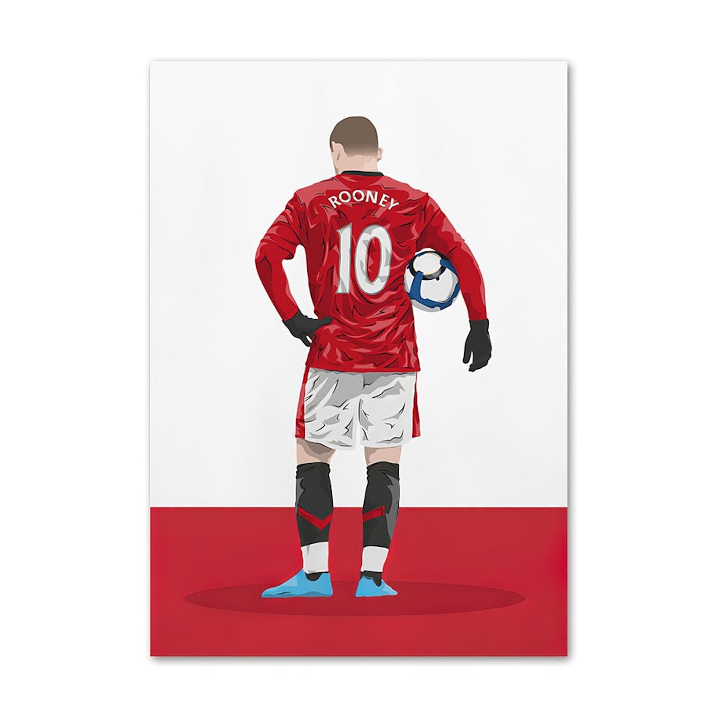Attraktives Poster von justgoodmood, das einen stilisierten Fußballspieler im roten Manchester United-Trikot mit dem Namen 'Rooney' zeigt. Ein tolles Deko-Print ohne Gesicht, perfekt für jeden Fußballfan.