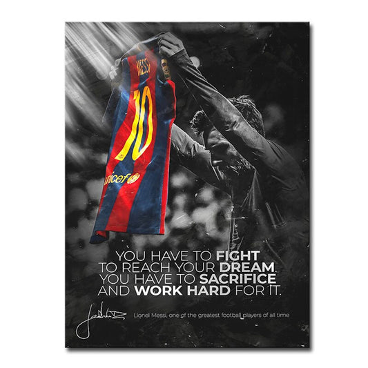 Motivationspost von Messi mit Trikot Nr. 10 des FC Barcelona, ideal für die Wandgestaltung und als Geschenk für Fußballbegeisterte, erhältlich bei justgoodmood.