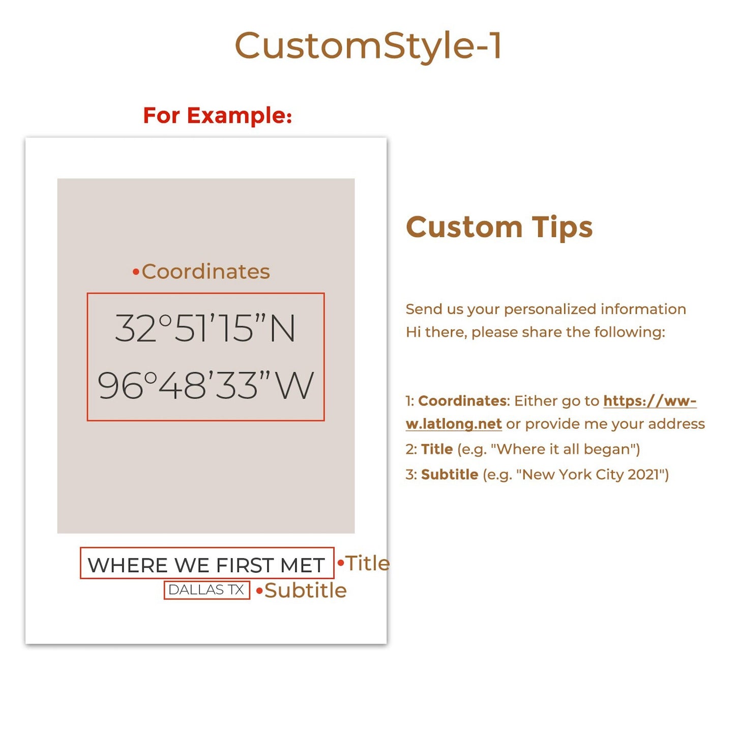 Poster Koordinaten Personalisiert von justgoodmood - Beispiel für individuelle Gestaltung mit persönlichen Koordinaten und Titel, ideal für Dekoration.