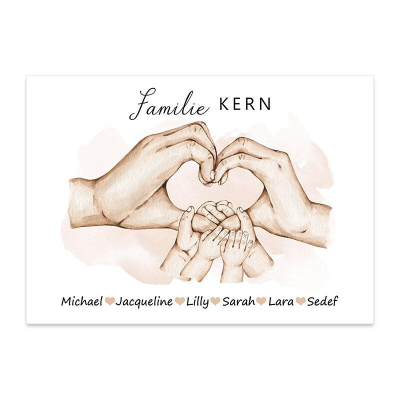 Stilvolles personalisiertes Familienposter von justgoodmood, zeigt Herzen formende Hände und individuelle Namen, perfekt als Deko.