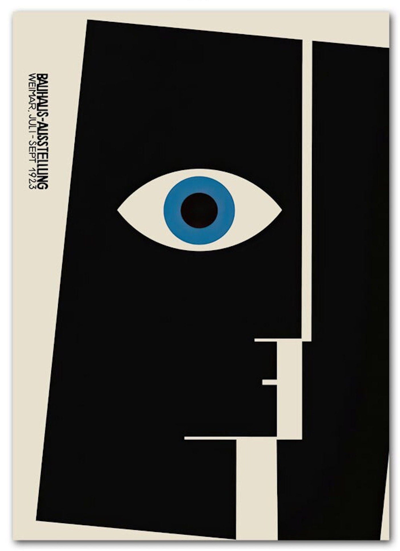 Moderne und minimalistische Gestaltung eines Gesichts mit einem auffälligen blauen Auge auf einem Bauhaus-Poster von justgoodmood. Poster Bauhaus Ausstellung mit verschiedenen Formen und Mustern als Deko Print ohne Rahmen.