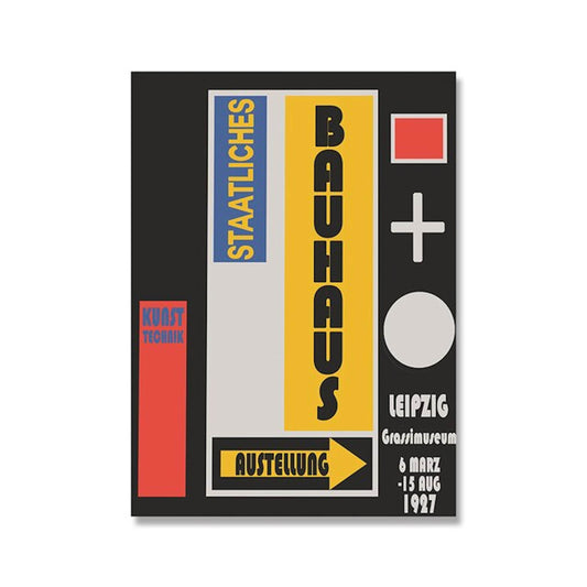 Grafisches Bauhaus Poster, Kunstwerk von justgoodmood, mit bunten Elementen und kreativen Schriftzügen, ideal als Dekoration für moderne Räume.