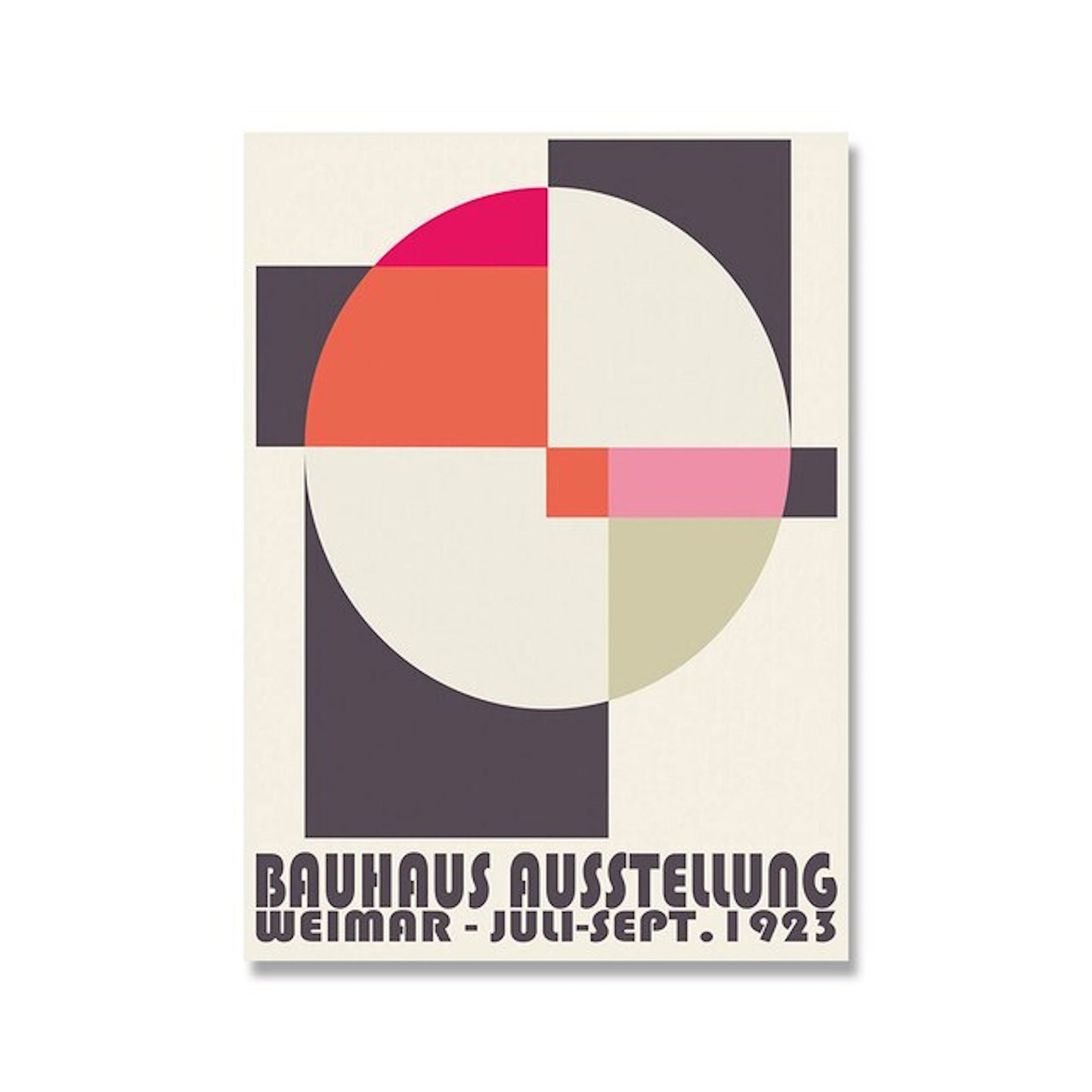Farbenfrohes Poster der Bauhaus-Ausstellung 1923 in Weimar mit geometrischen Mustern. Möchten Sie Ihrem Raum Schwung verleihen? Holen Sie sich dieses Kunstwerk von justgoodmood!